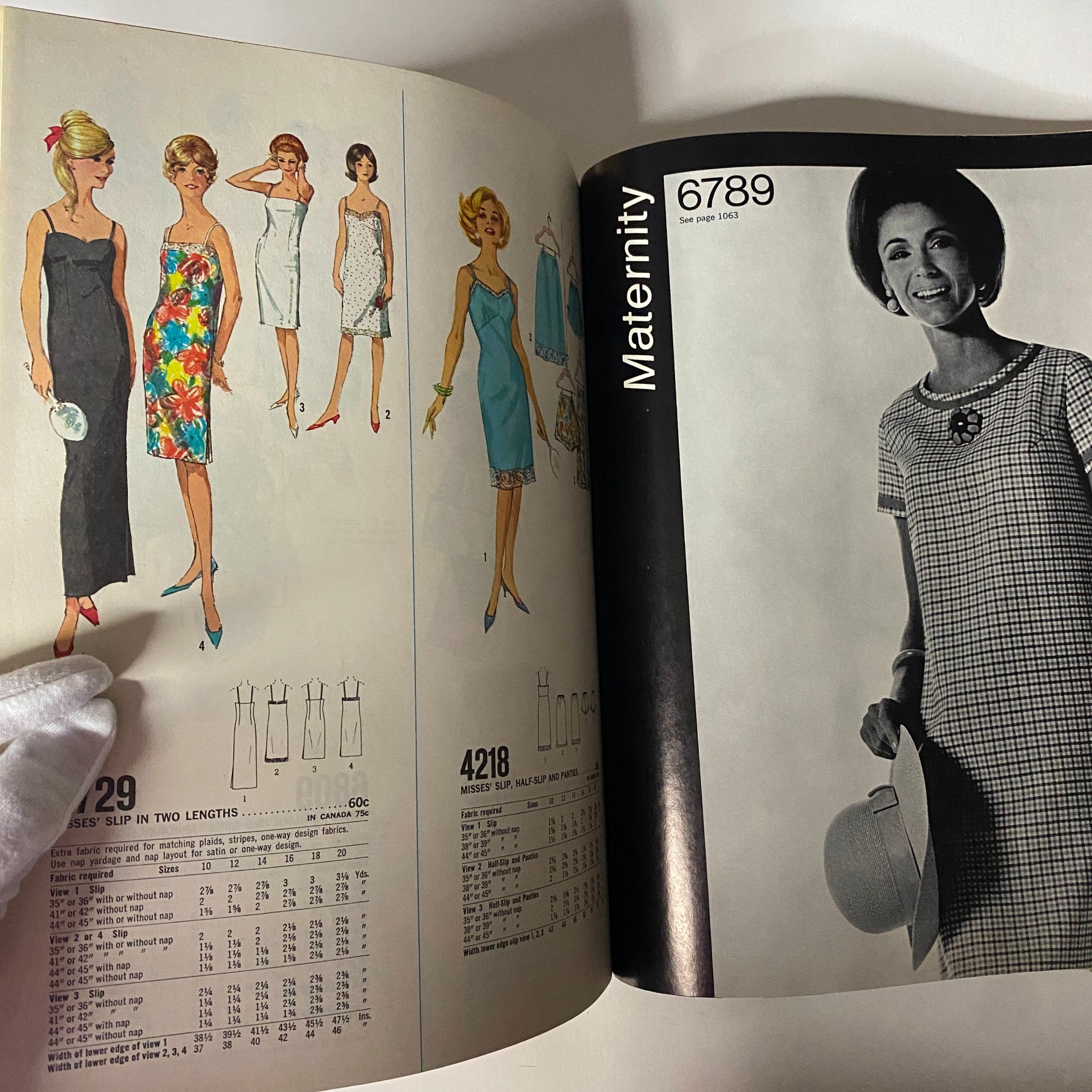 1967 June Simplicity Sewing Pattern Catalog showcasing maternity and evening wear patterns, including a sleek black dress and colorful summer styles.