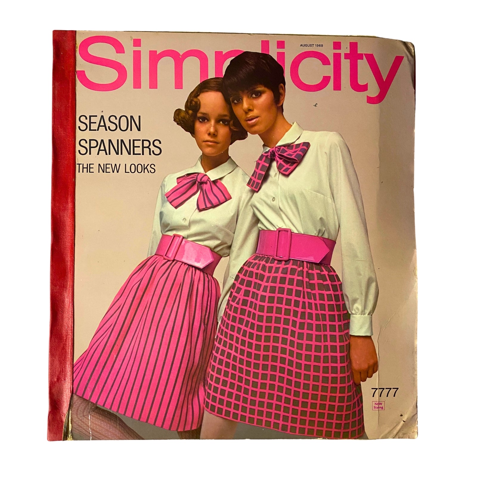 1968 August Simplicity Catalog featuring two models in stylish outfits including a blouse with a large bow and a checkered skirt, showcasing the latest fashion trends from that era.