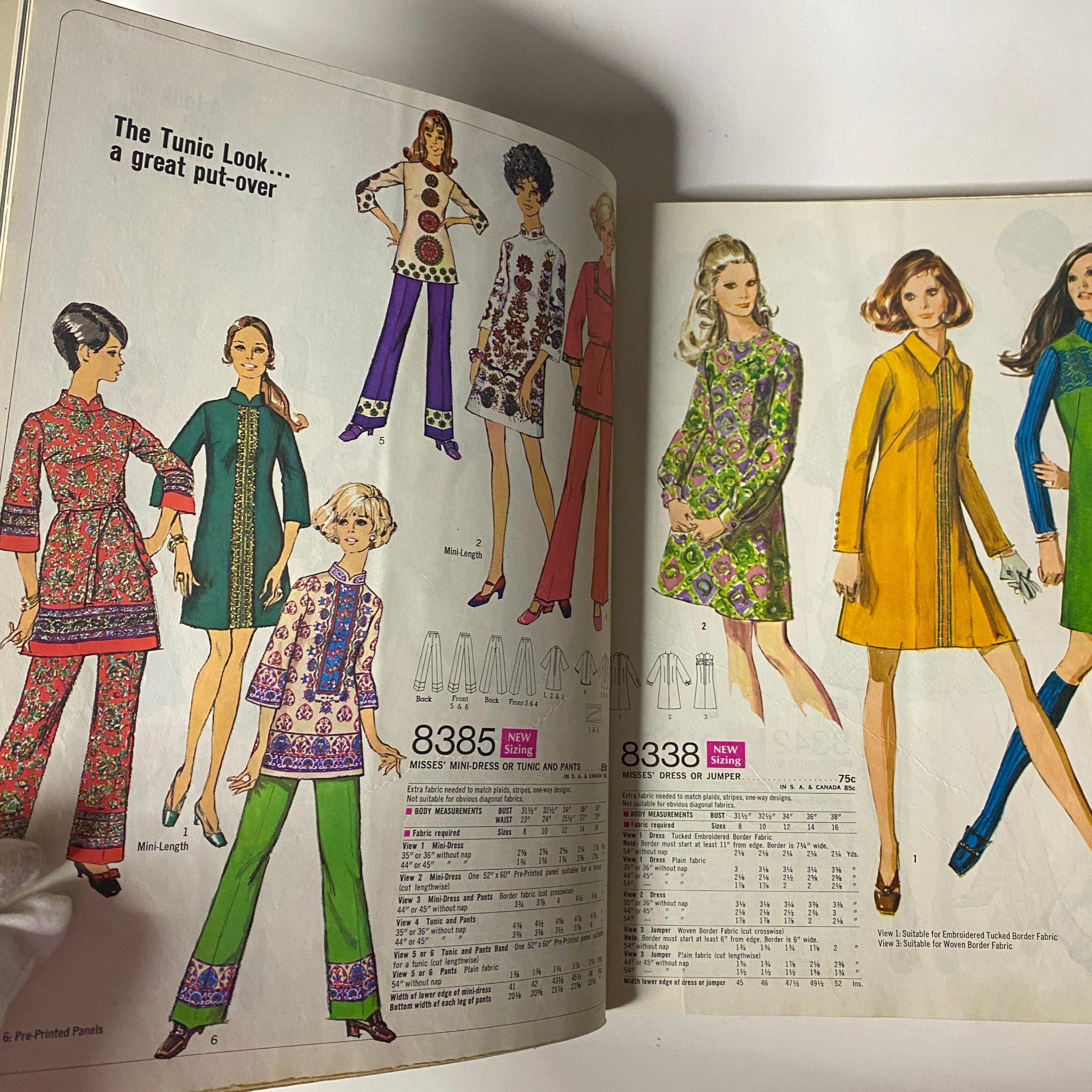 Fashion designs featured in the 1969 Simplicity Fall and Winter School Catalog highlighting a variety of styles, including tunic looks, dresses, and jumpsuits.