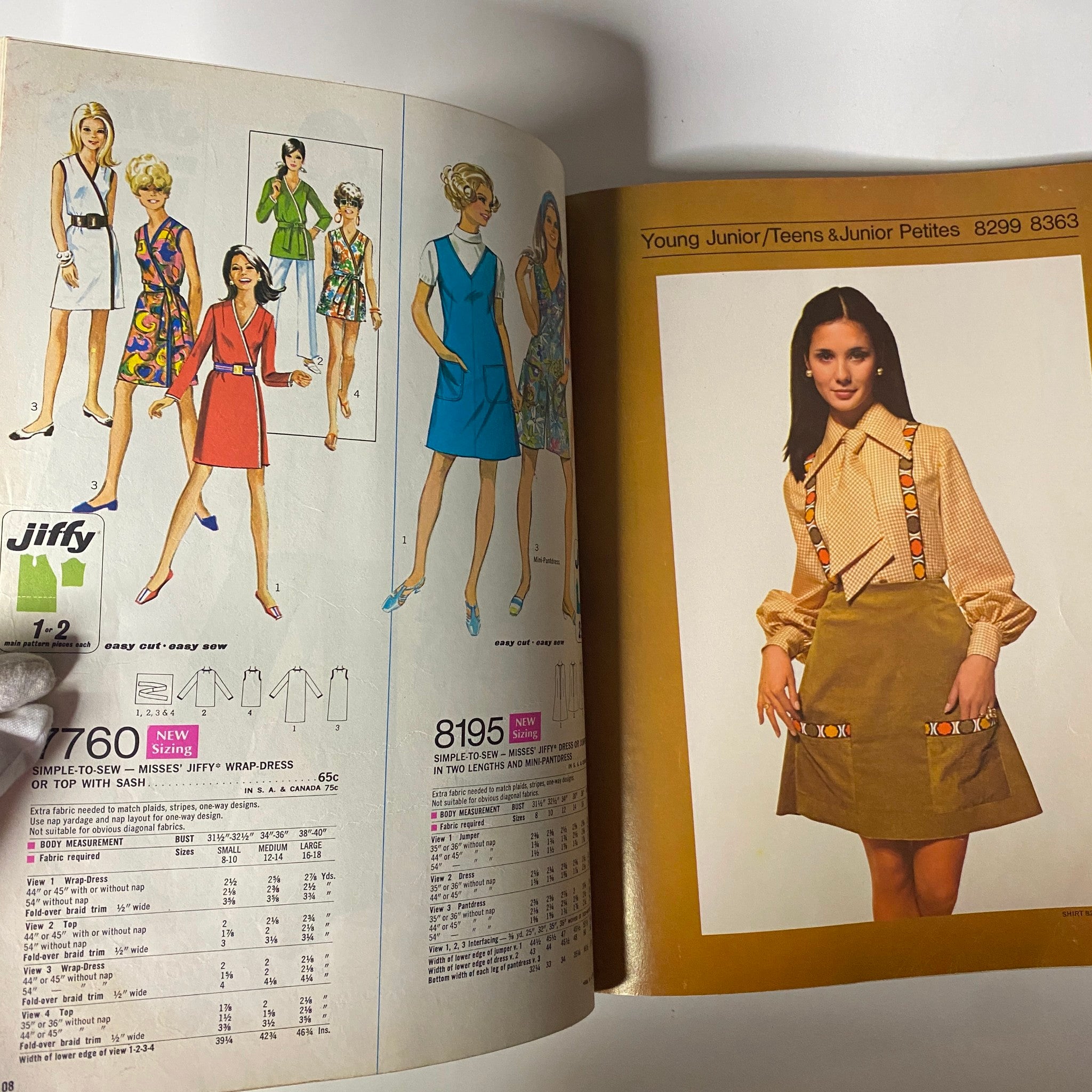 Pages from the 1969 Simplicity Fall and Winter School Catalog illustrating Jiffy sewing patterns for young juniors, teens, and junior petites, showcasing trendy styles.