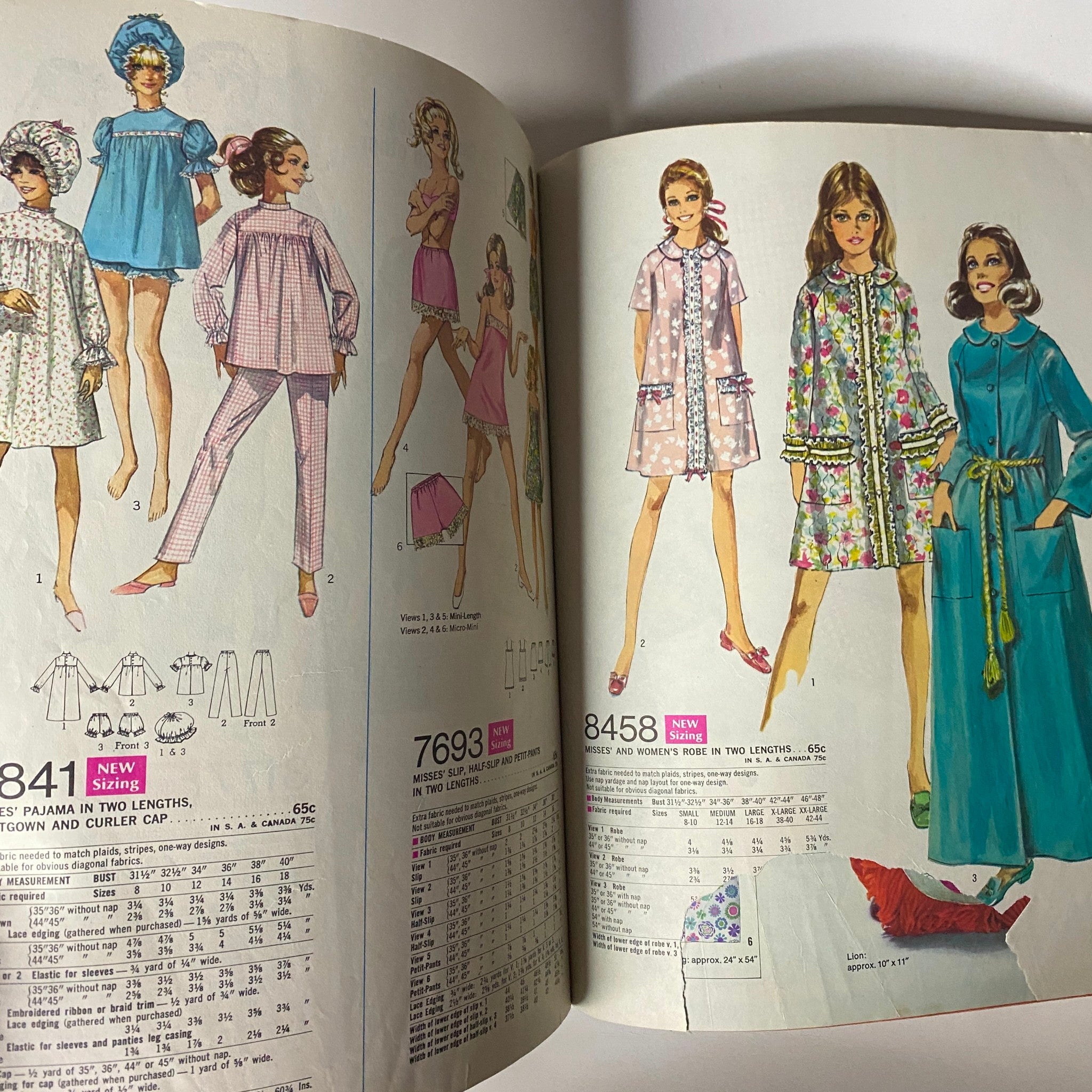 Illustrations from the 1969 Simplicity Fall and Winter School Catalog displaying sleepwear, robes, and pajamas for women, with details on sewing patterns.