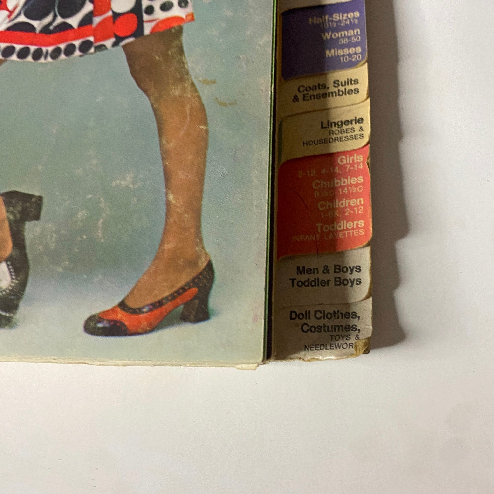 Close-up of the 1969 February Simplicity Spring Catalog back cover featuring fashion categories such as toddler and children outfits, emphasizing sewing patterns.