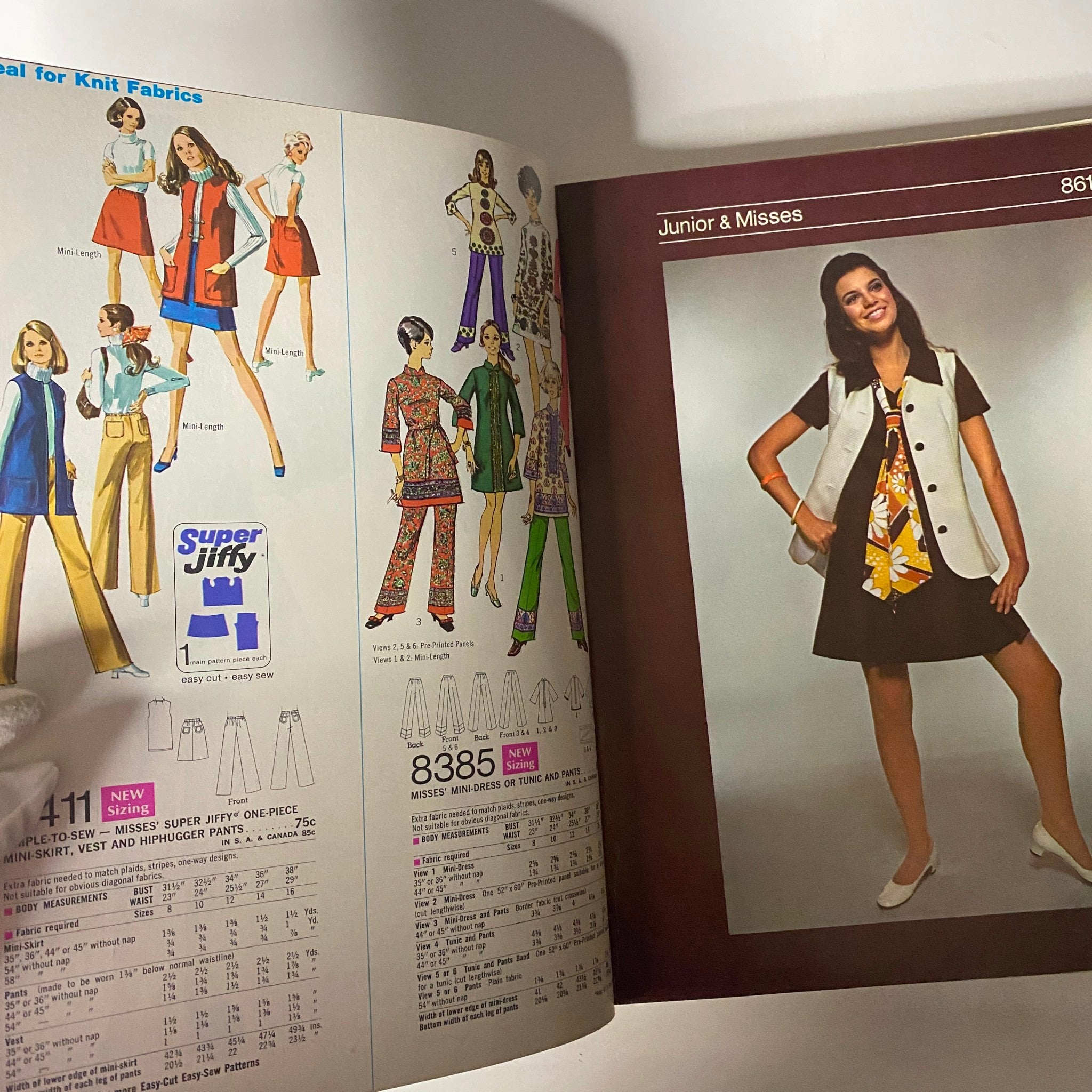 1969 February Simplicity Spring Catalog displaying a variety of chic outfits including Super Jiffy patterns for trendy knit fabrics.