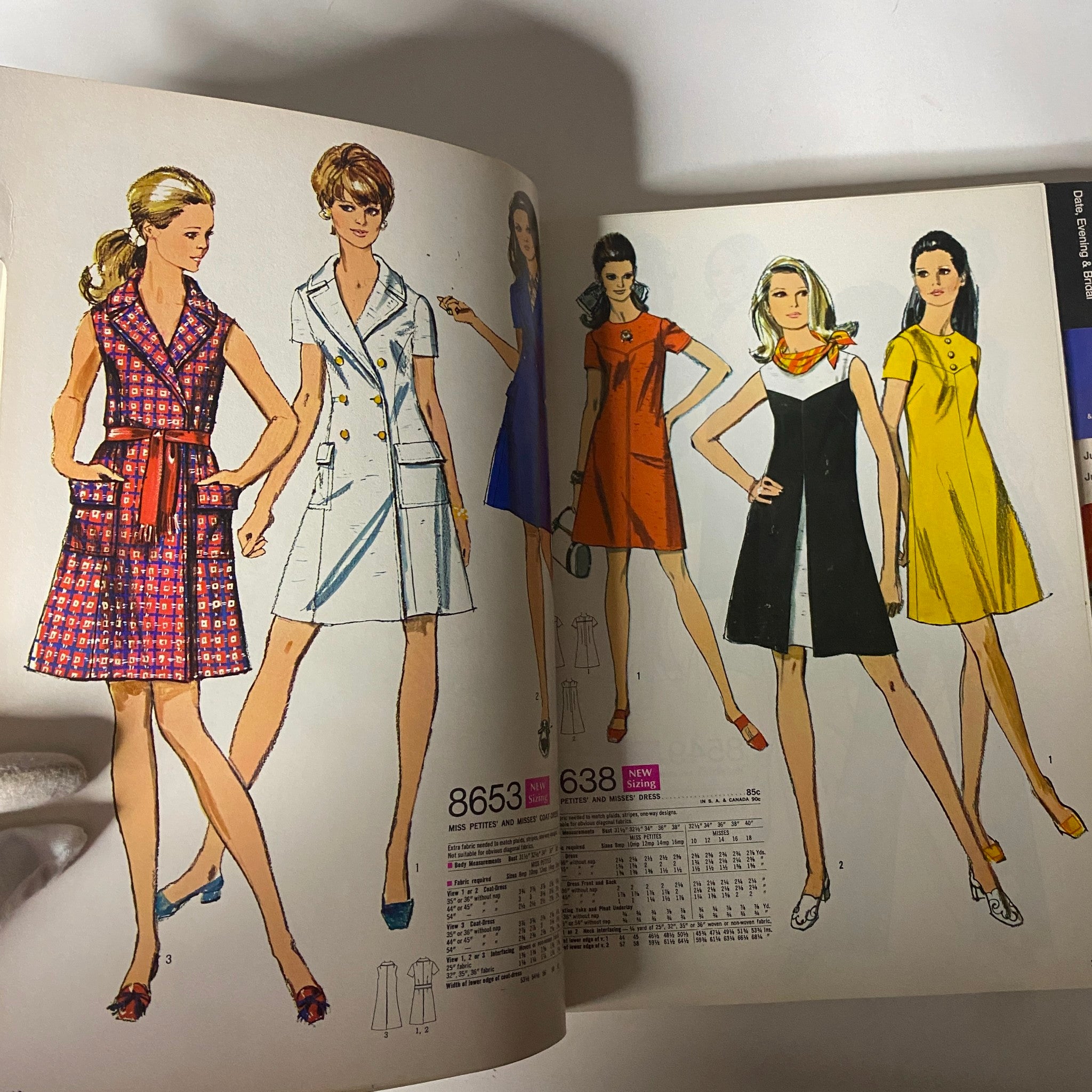 1969 February Simplicity Spring Catalog highlighting stylish Misses' dresses with unique designs and pattern specifications.