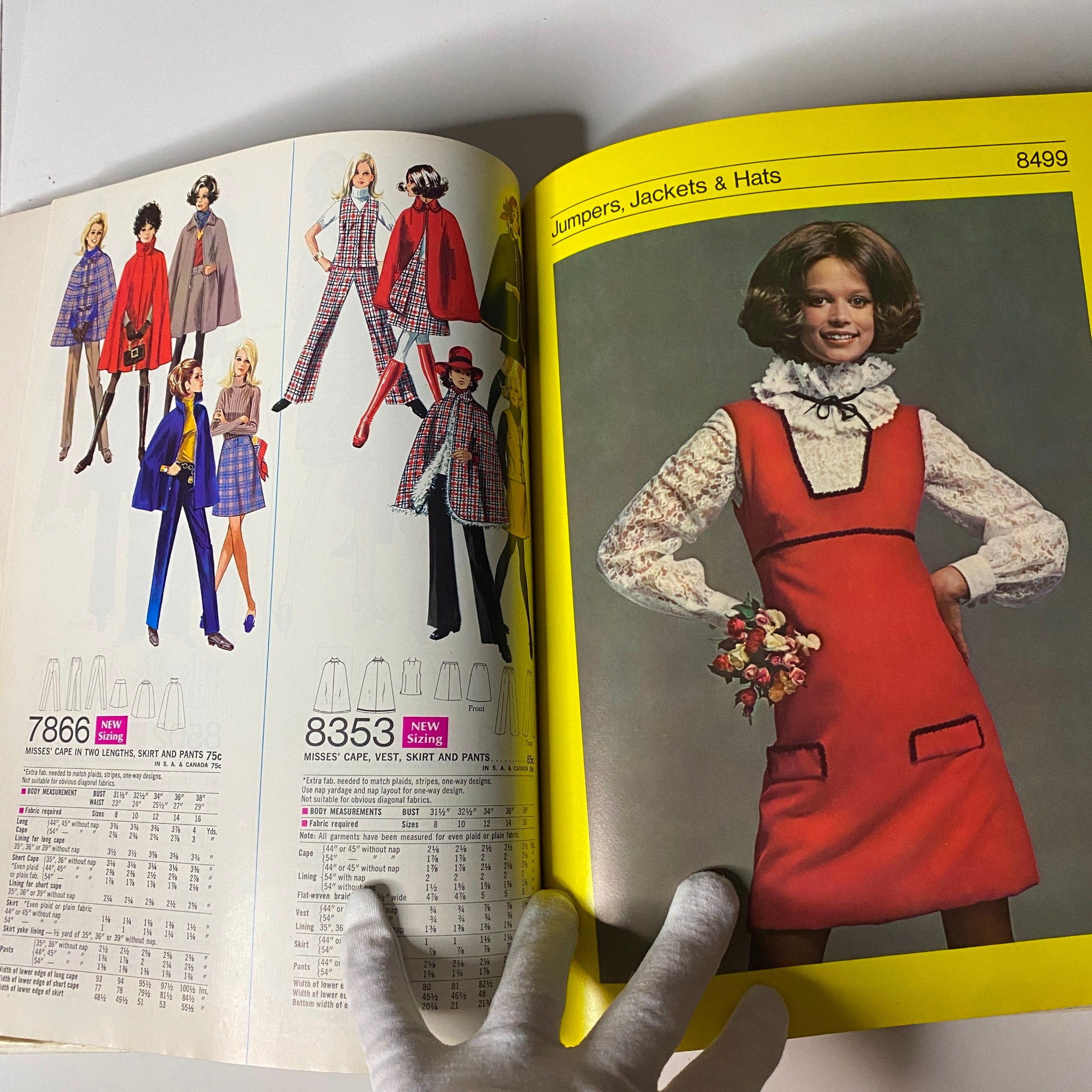 1969 February Simplicity Spring Catalog illustrating an array of jumpers, jackets, and hats, showcasing vibrant 1960s fashion trends.