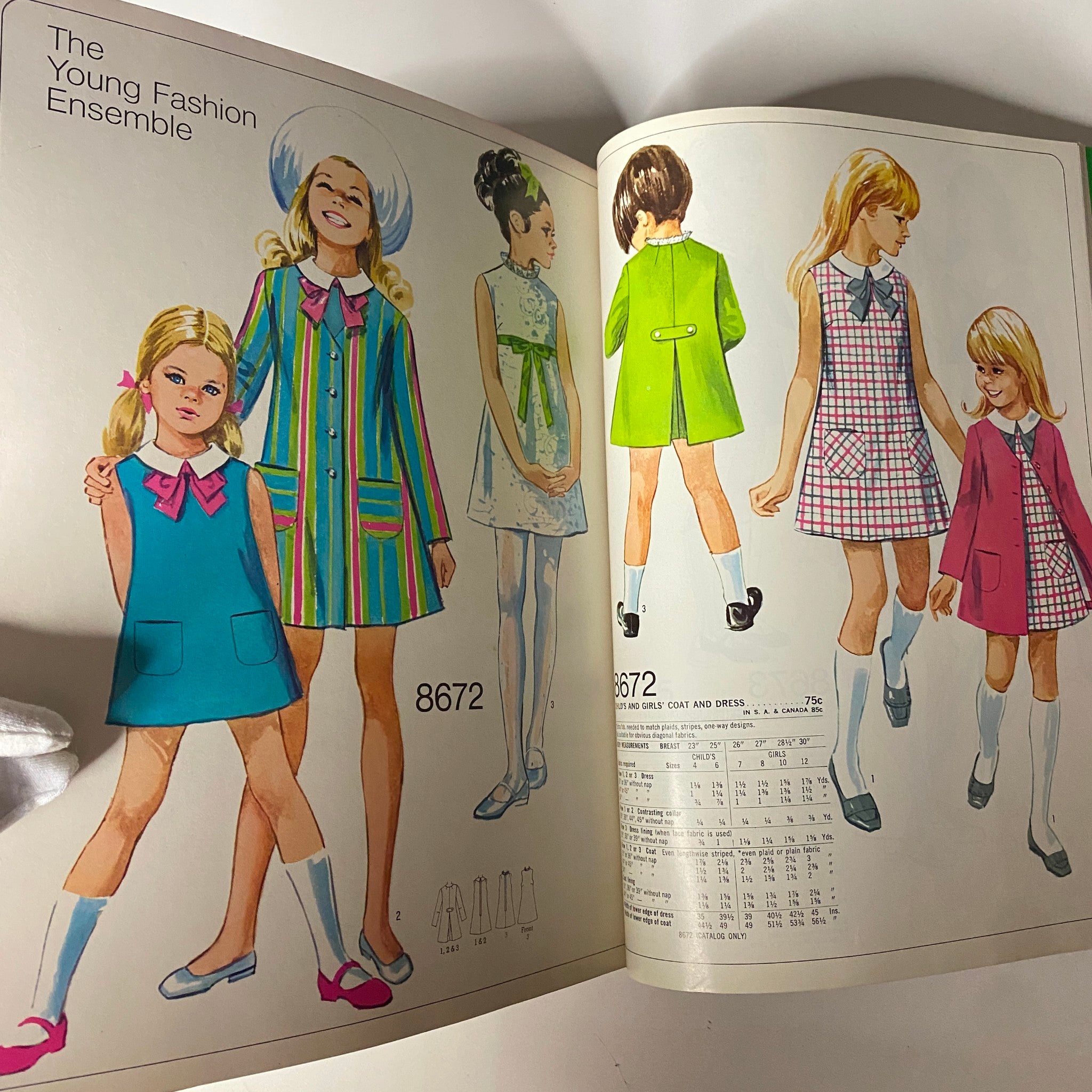 1969 February Simplicity Spring Catalog sewing pattern showcasing The Young Fashion Ensemble, featuring colorful outfits for girls, including dresses and coats, ideal for spring fashion enthusiasts.