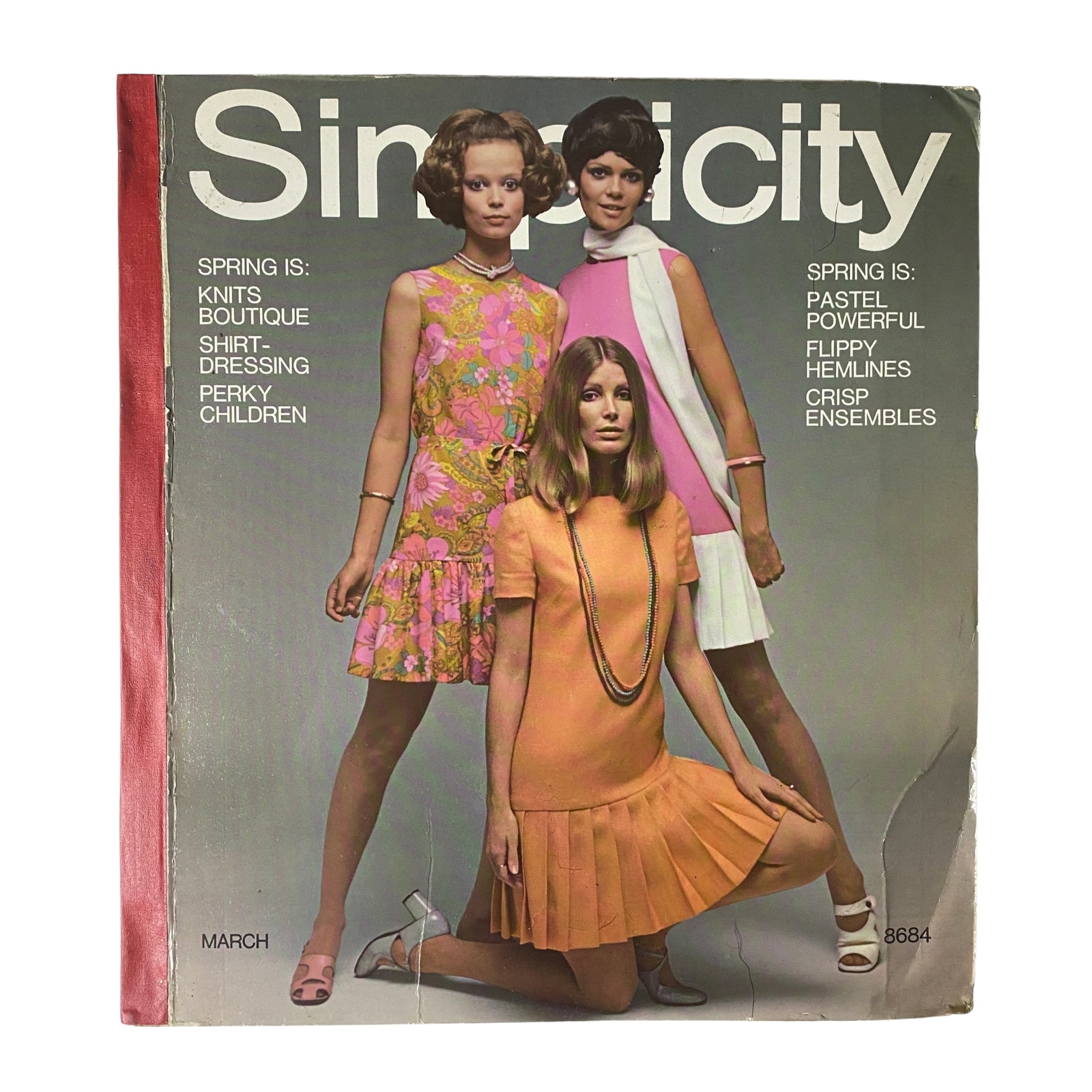 Cover image of the 1970 March Simplicity Spring Catalog showcasing modern fashion with three models in colorful dresses, perfect for sewing enthusiasts and vintage fashion lovers.