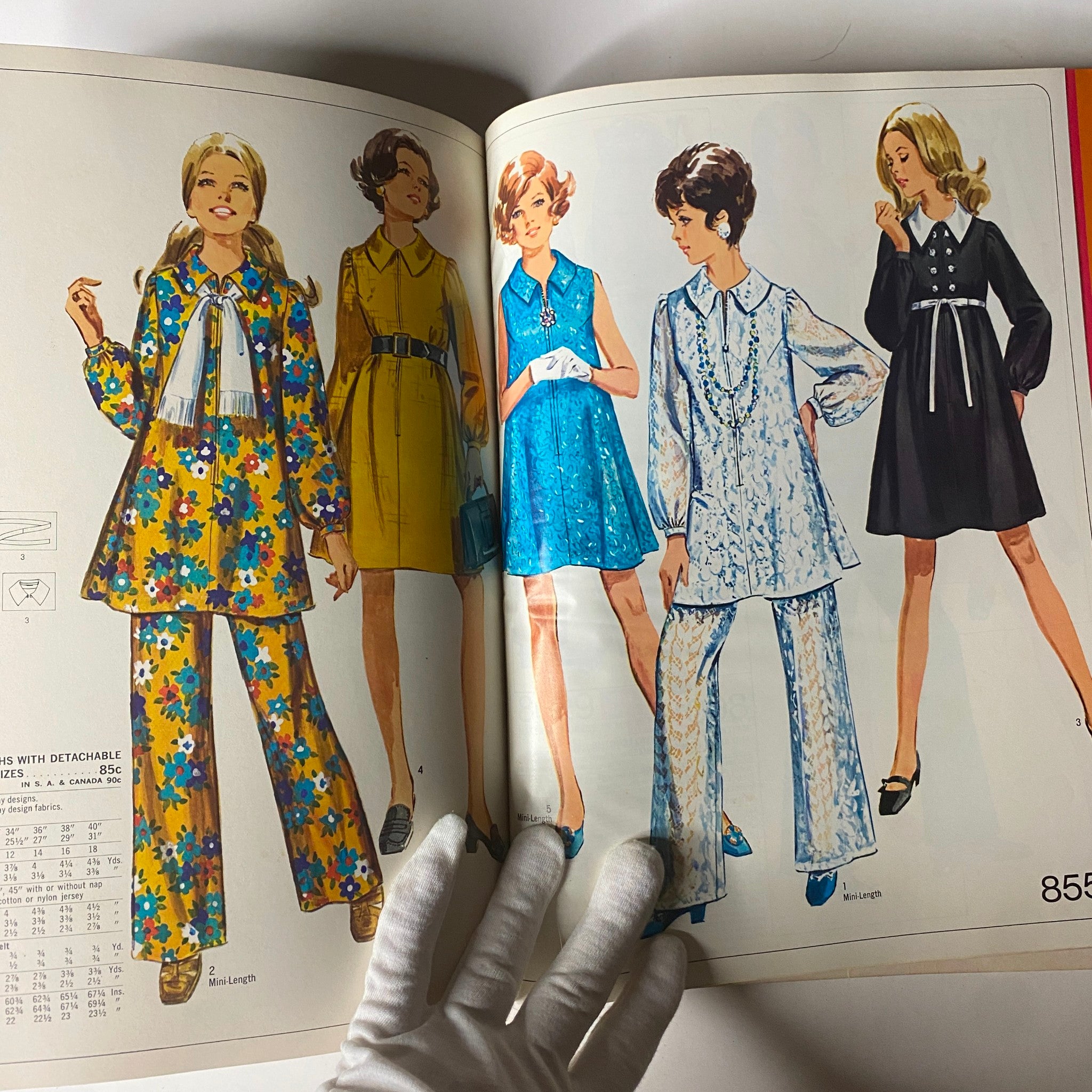 Illustration from the 1970 March Simplicity Spring Catalog featuring vibrant outfit designs including a floral pattern, demonstrating trendy sewing patterns for women from the early 1970s.