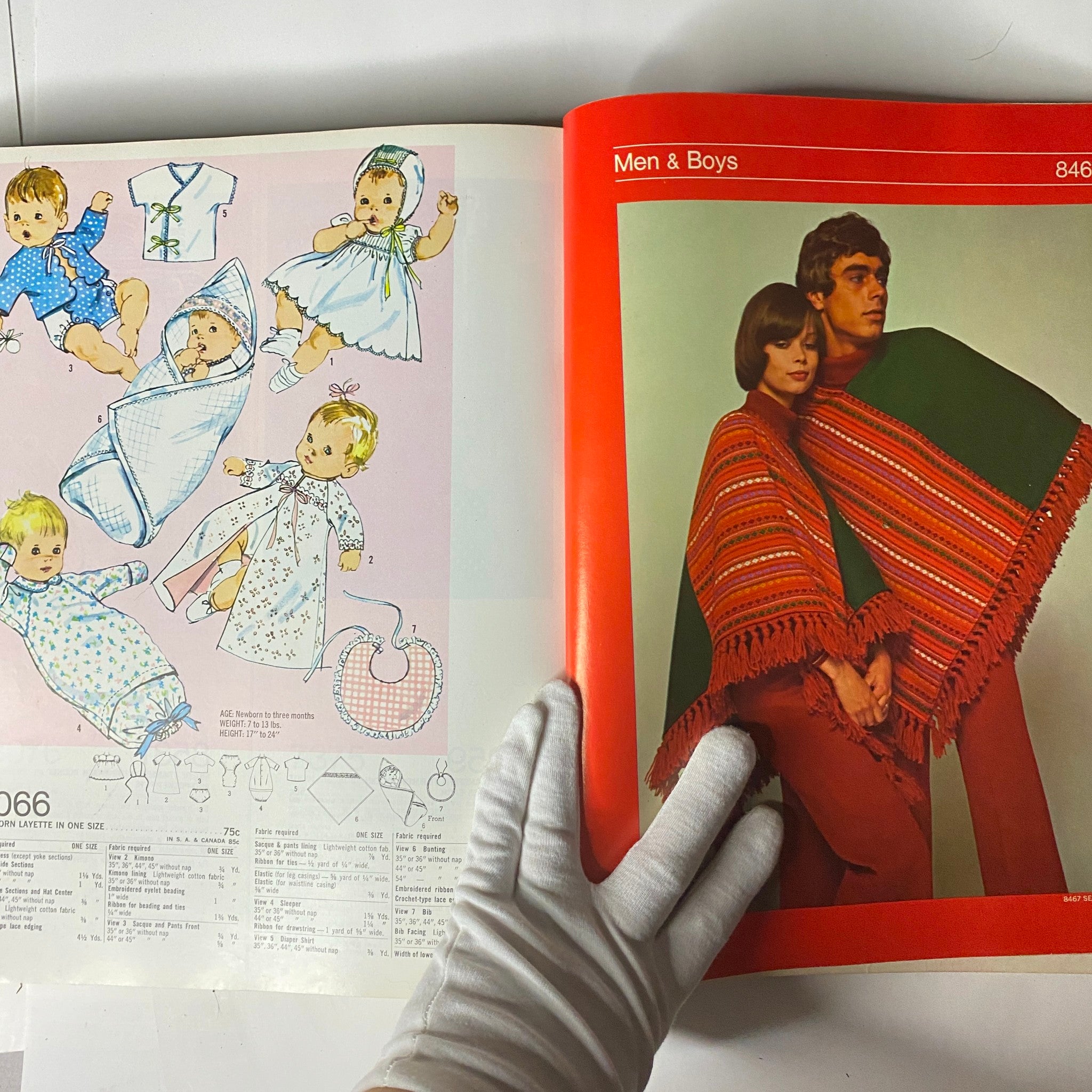 Illustration from the 1970 March Simplicity Spring Catalog depicting sewing patterns for infants and adult ponchos, showcasing versatile designs suitable for men, women, and boys.