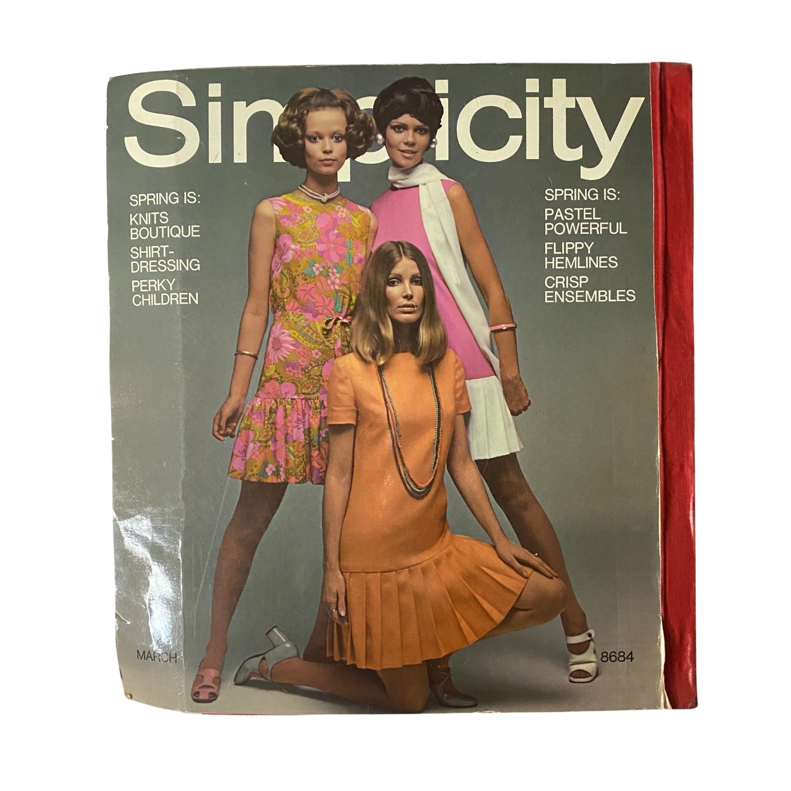 Cover of the 1970 March Simplicity Spring Catalog featuring three fashionable models in colorful spring attire, representing the vibrant styles of the early 1970s fashion scene.