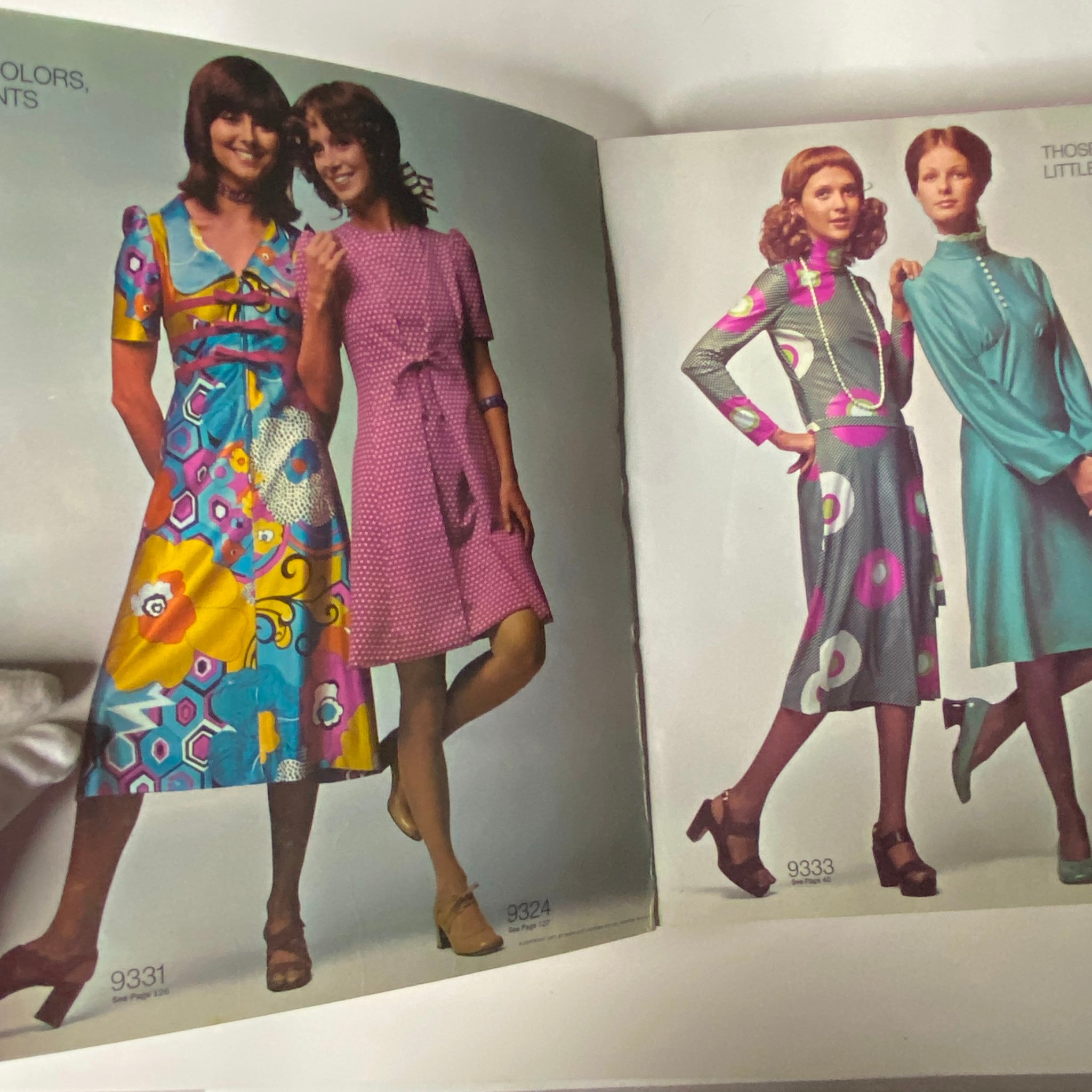 1971 April Simplicity Spring Catalog showcasing vibrant dresses in bold colors, featuring styles 9331 and 9324 for women's fashion.