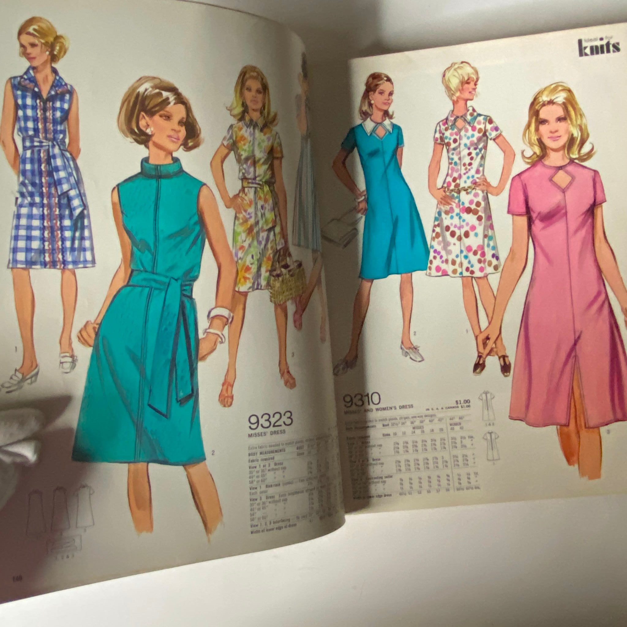 1971 April Simplicity Spring Catalog artistic illustration of women's dresses, styles 9323 and 9310, encompassing trendy designs and patterns.