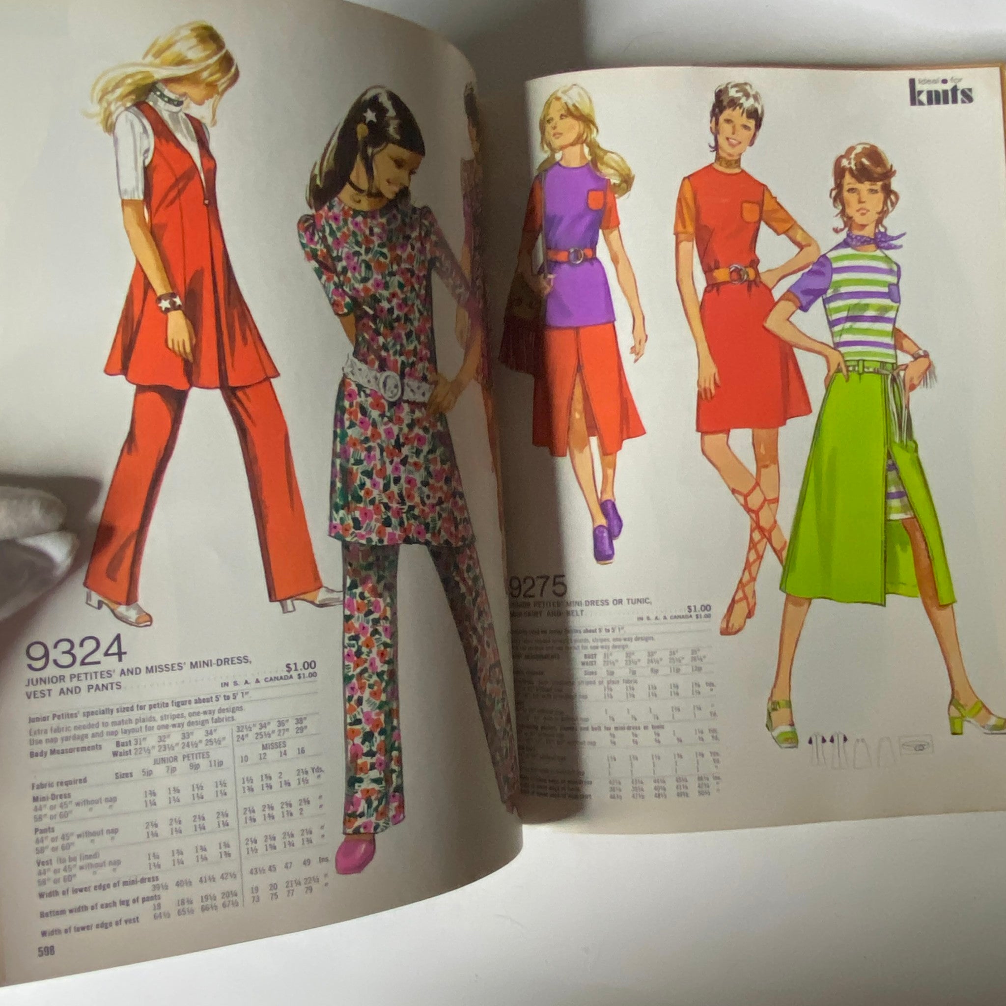 1971 April Simplicity Spring Catalog featuring sewing patterns for mini dresses, vests, and pants in vibrant styles 9324 and 9275, perfect for 1970s fashion revival.