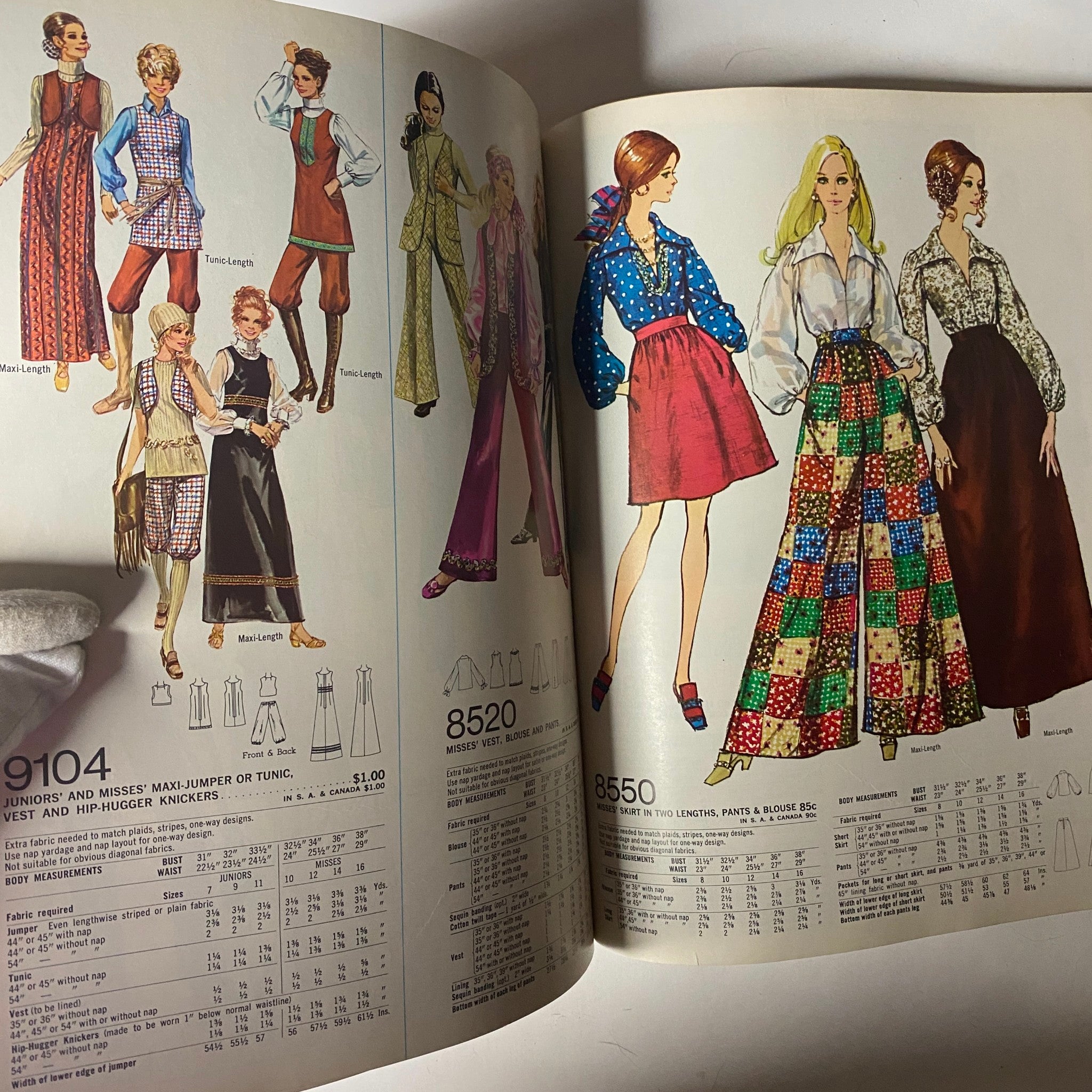 1971 April Simplicity Spring Catalog displaying sewing patterns for Maxi and Tunic styles, including patterns 9104, 8520, and 8560, highlighting retro fashion trends.