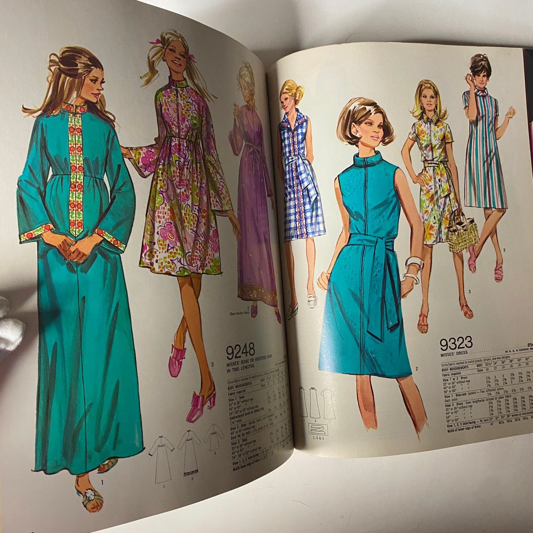 1971 April Simplicity Spring Catalog featuring various dress patterns, including 9248 and 9323, showcasing popular 1970s fashion styles for sewing projects.