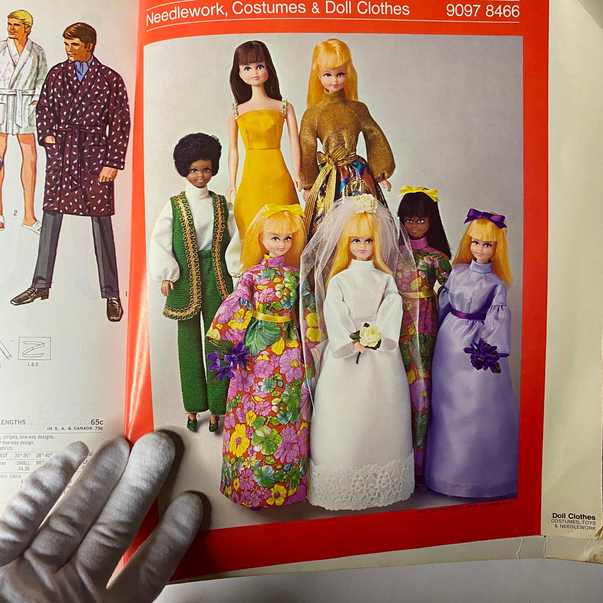 1971 April Simplicity Spring Catalog featuring a variety of dolls dressed in colorful outfits and formal wear, illustrating the diverse sewing patterns available for doll clothes of the era.