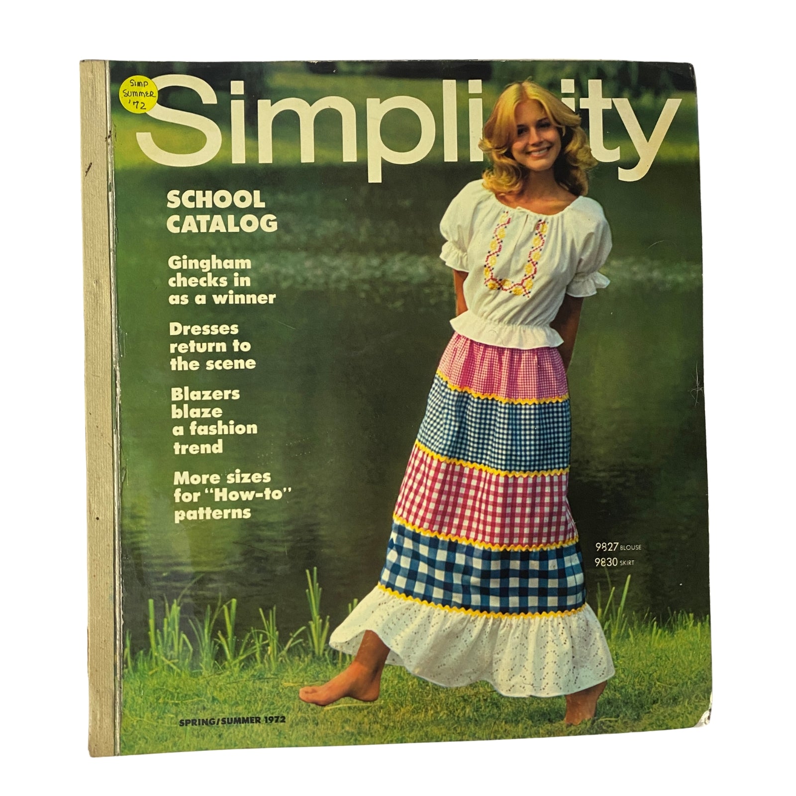 Cover of the 1972 Simplicity Spring and Summer Catalog featuring a young model wearing a colorful patchwork skirt and a white blouse, showcasing patterns and styles from the era. The text highlights various fashion trends and patterns available in the catalog.