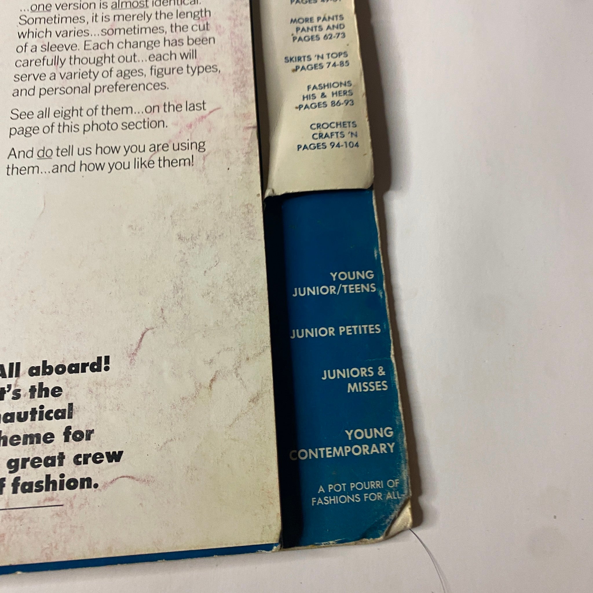 Inside pages of the 1972 Simplicity Spring and Summer Catalog, detailing various fashion sections including Junior Sizes and separates for various age groups.