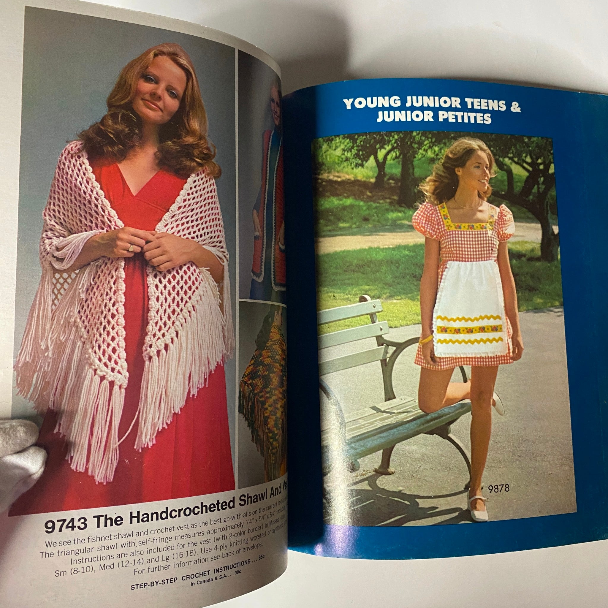 1972 Simplicity Spring and Summer Catalog showcasing a fashionable model wearing a hand-crocheted shawl over a red dress, alongside patterns for young junior teens and junior petites.