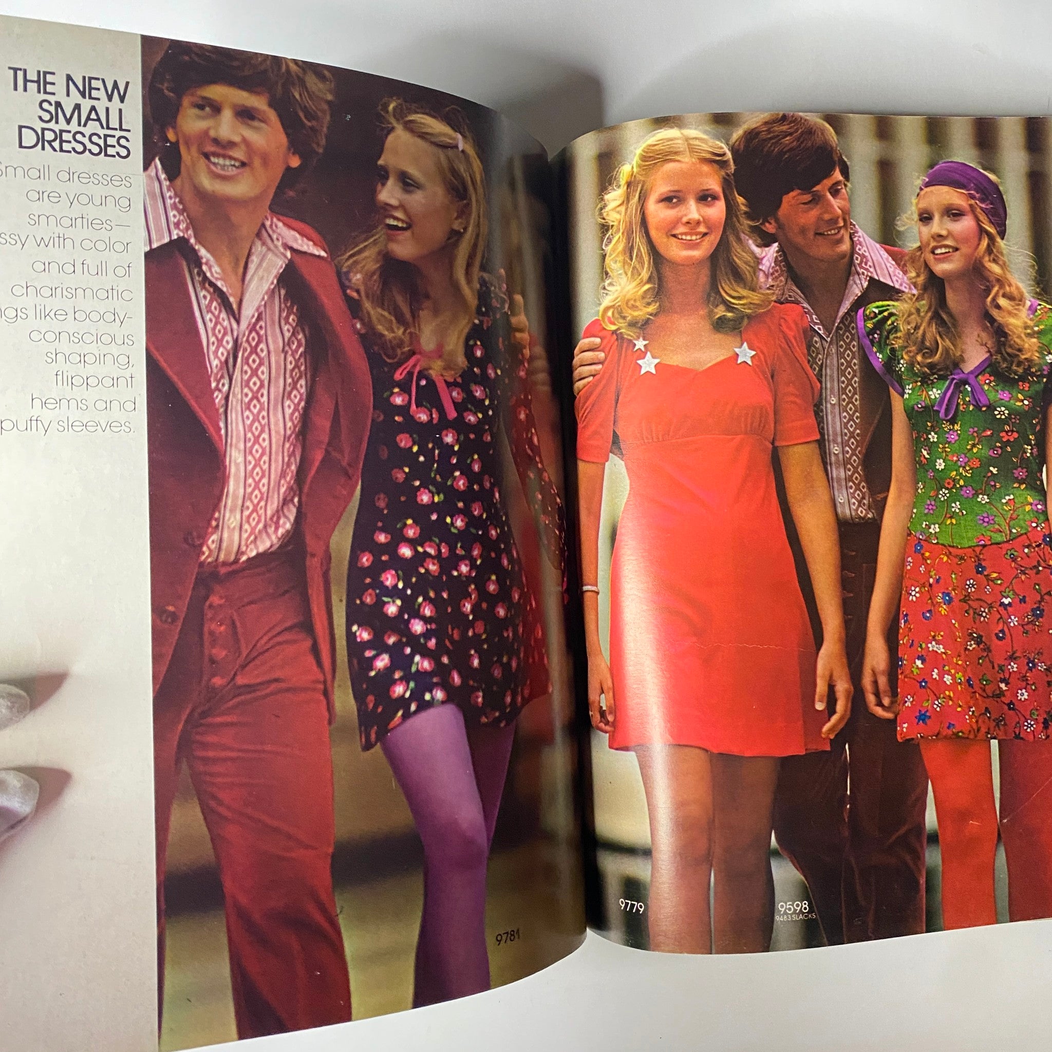 1972 Simplicity Spring and Summer Catalog featuring models in vibrant small dresses, highlighting stylish patterns from the early 70s, including flared hems and colorful designs.