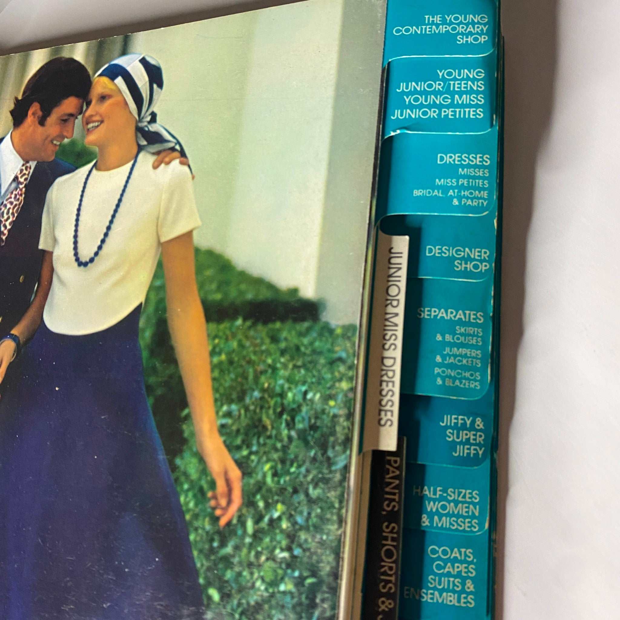 1972 April Simplicity Spring Catalog sewing pattern with an image focusing on the catalog's navigation section, highlighting youth fashion categories such as Young Contemporary and Junior Miss.