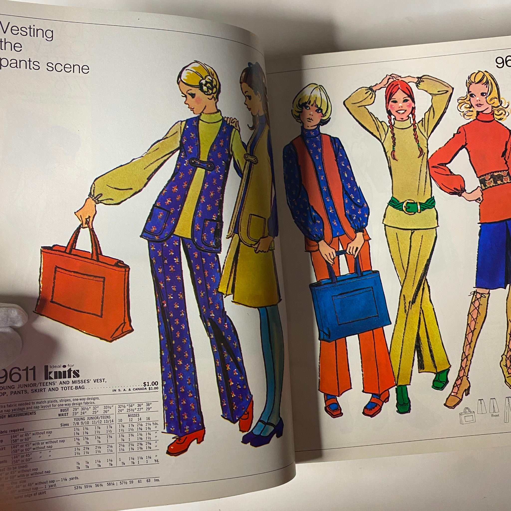 1972 April Simplicity Spring Catalog sewing pattern displaying colorful and bold fashion illustrations, featuring models wearing trendy outfits and showcasing stylish bags.