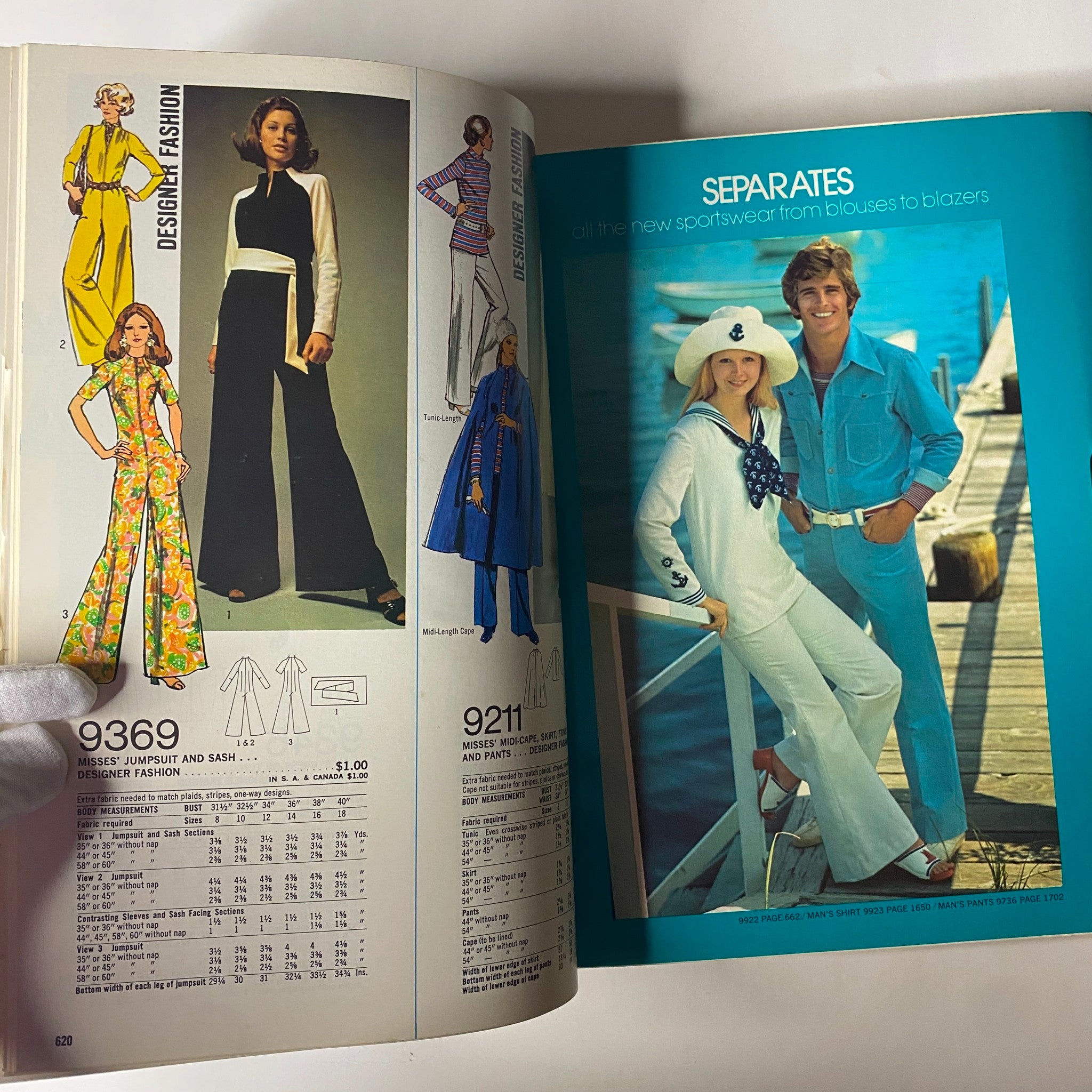 1972 April Simplicity Spring Catalog with fashion designs including jumpsuits, separates, and leisurewear. Highlights chic 1970s sportswear trends.