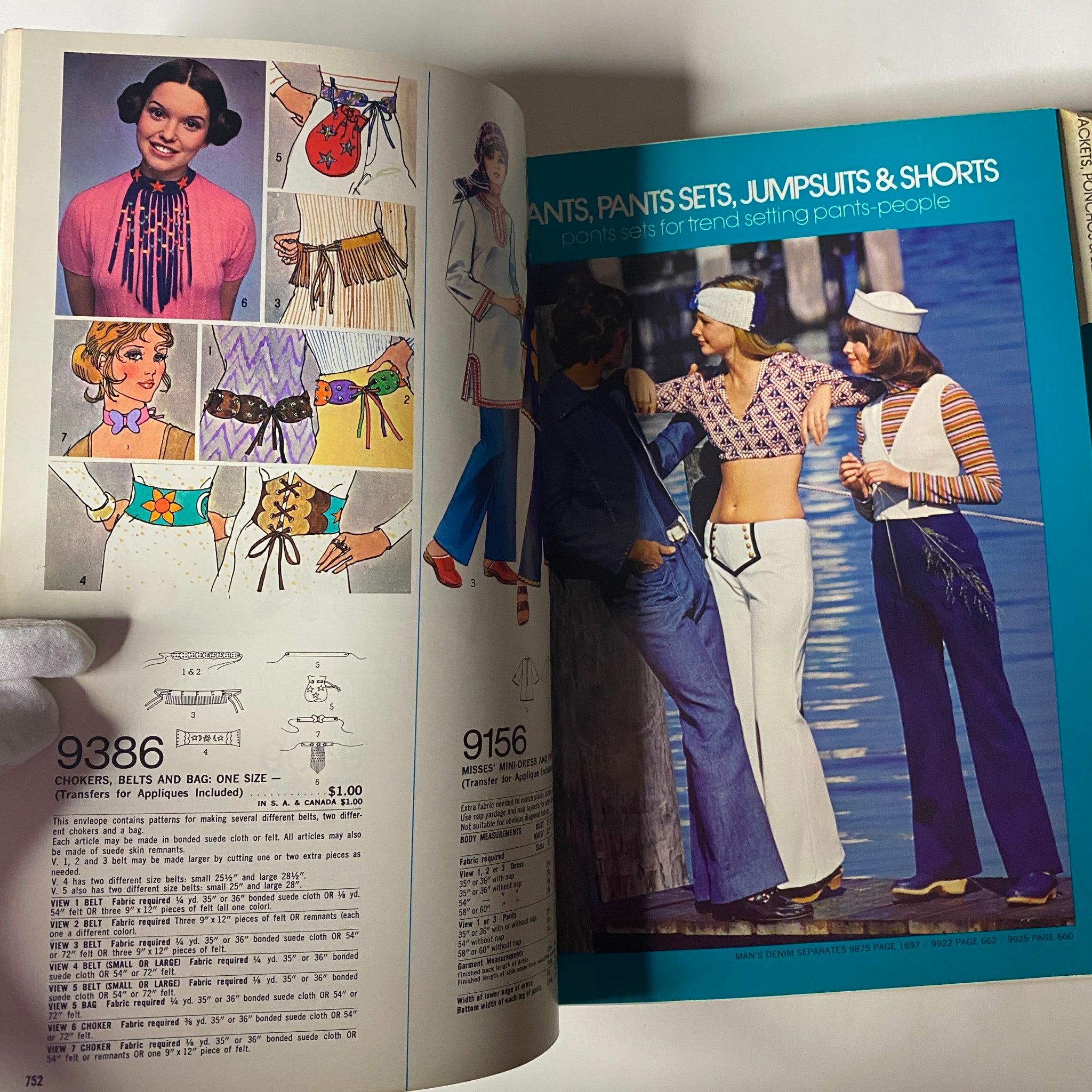 1972 April Simplicity Spring Catalog featuring fashion illustrations for pants sets and trendy outfits of the 1970s. Emphasizes casual and formal attire.