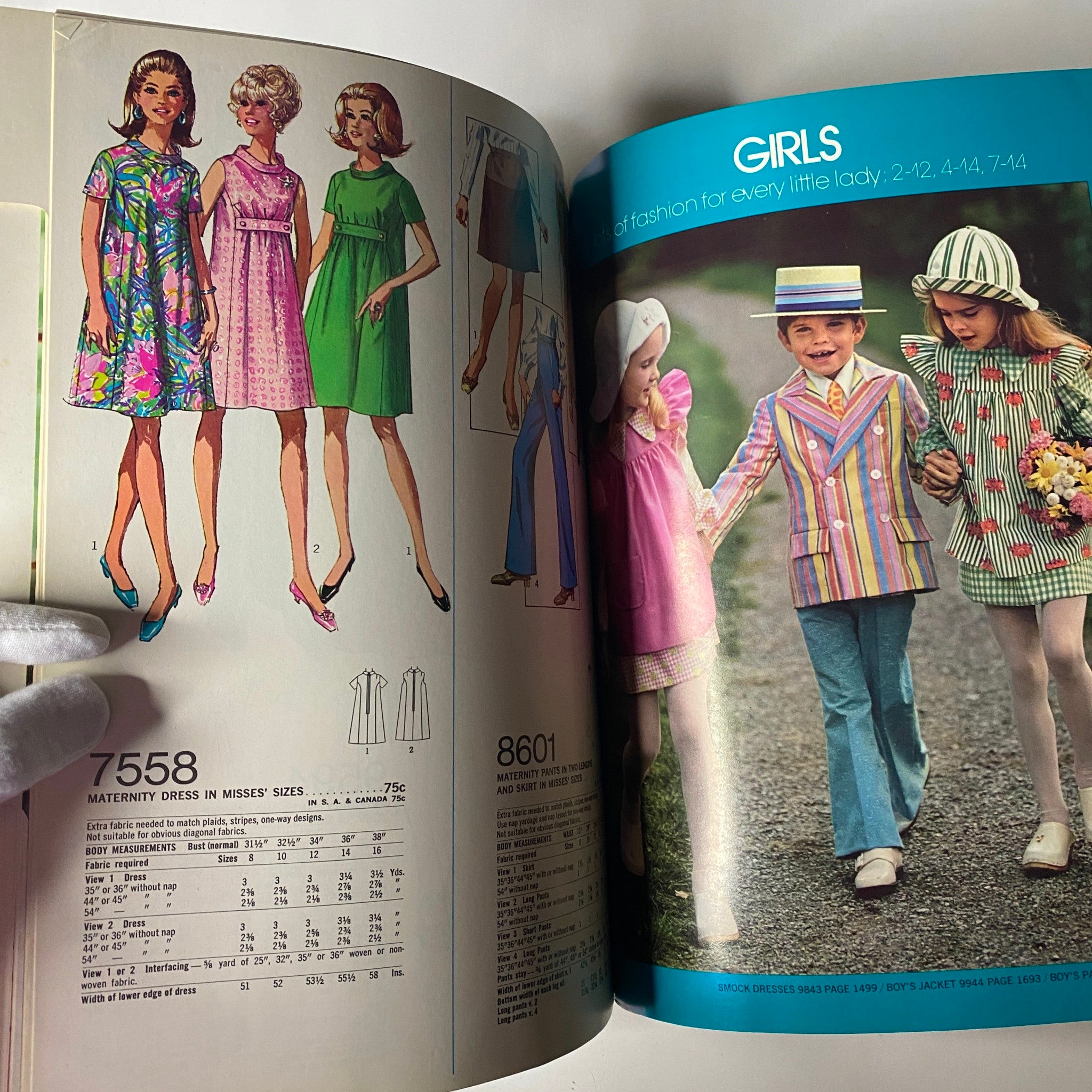 1972 April Simplicity Spring Catalog sewing pattern featuring vintage fashion illustrations of youthful dresses and maternity wear for women.