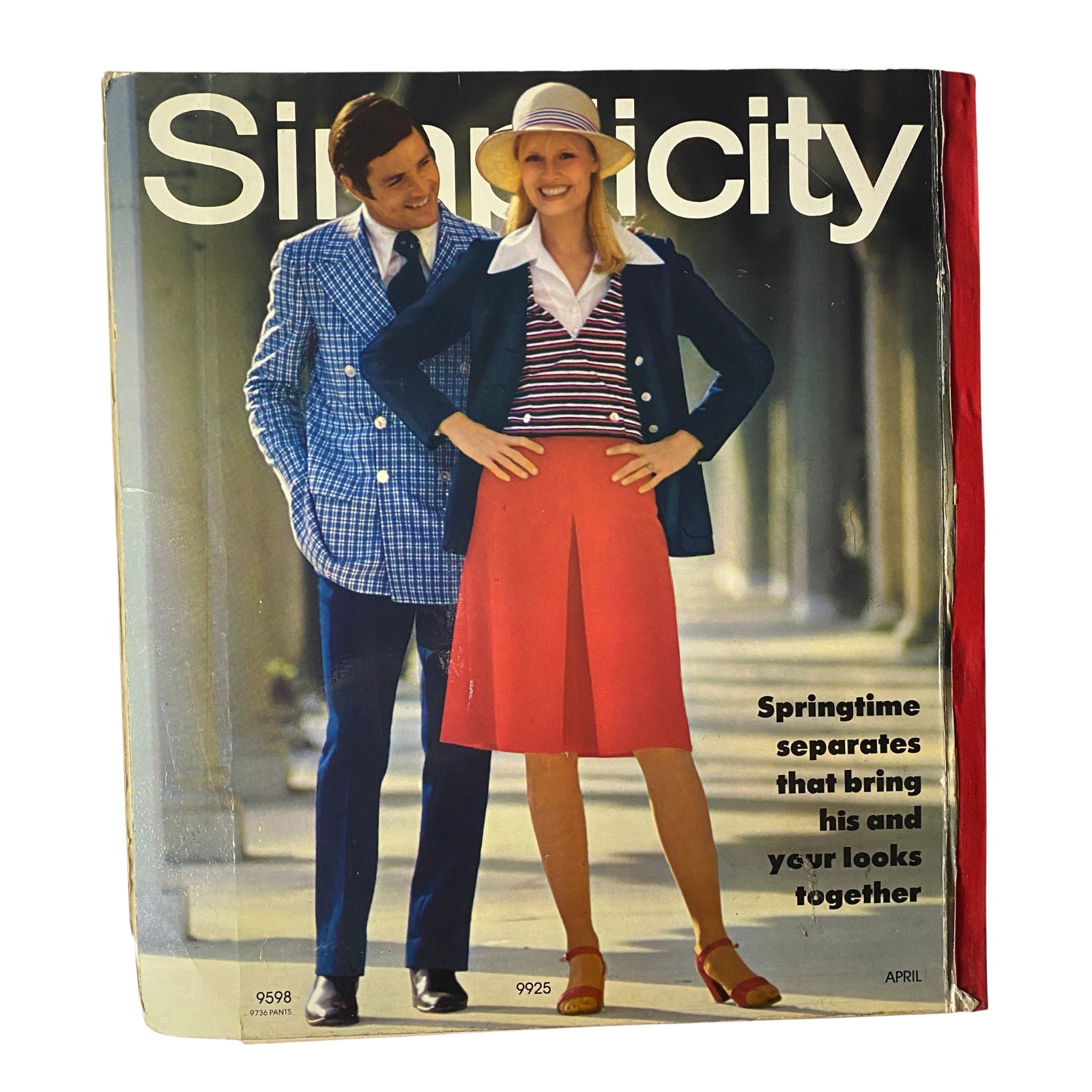 1972 April Simplicity Spring Catalog cover highlighting stylish springtime separates for men and women, featuring casual contemporary fashion.
