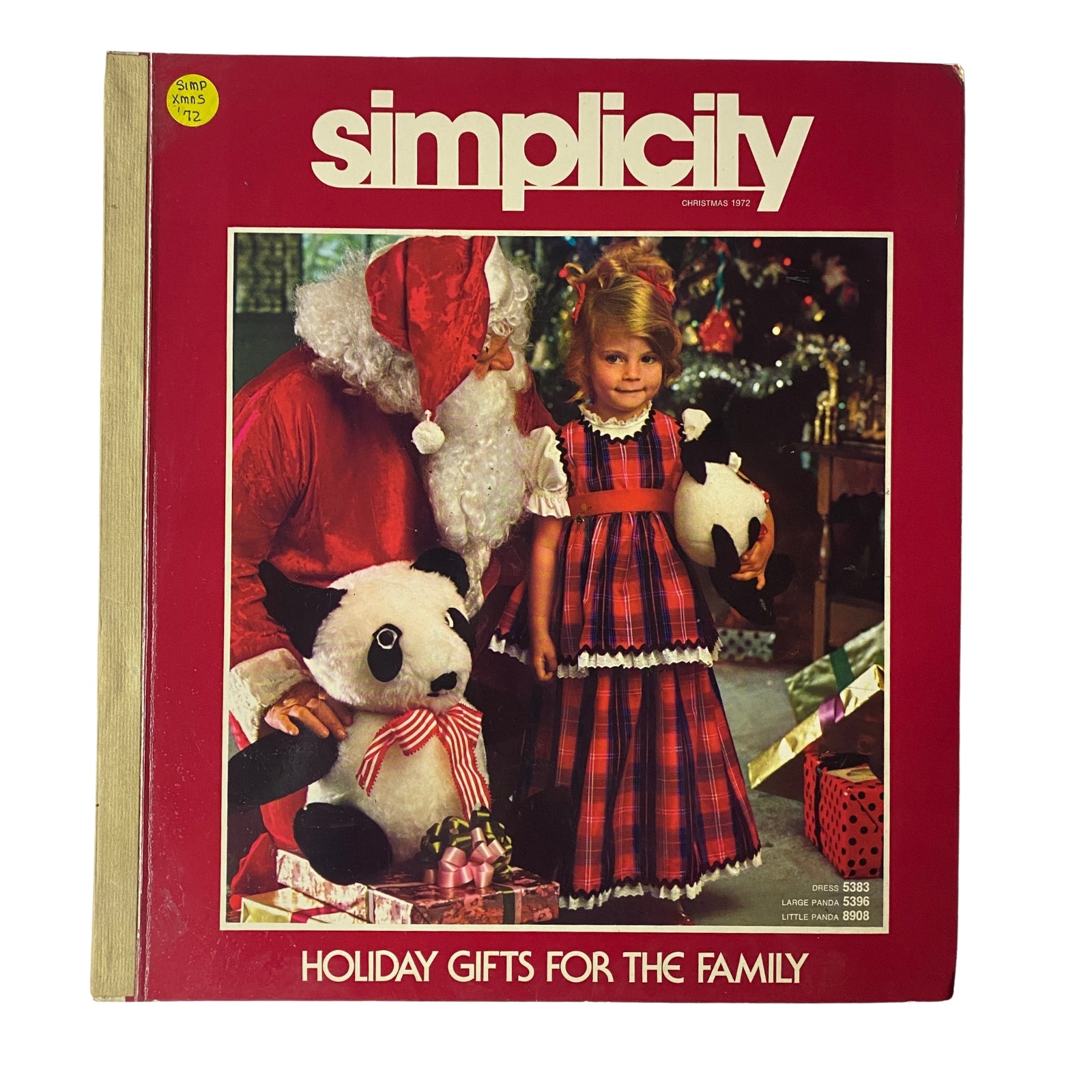 Cover of the 1972 Simplicity Holiday Catalog showcasing a festive holiday theme with Santa Claus and a young girl dressed in a plaid holiday outfit holding a panda toy. The title '1972 Simplicity Holiday Catalog Sewing Pattern Giant Store Counter Book Fashion' is prominently displayed.