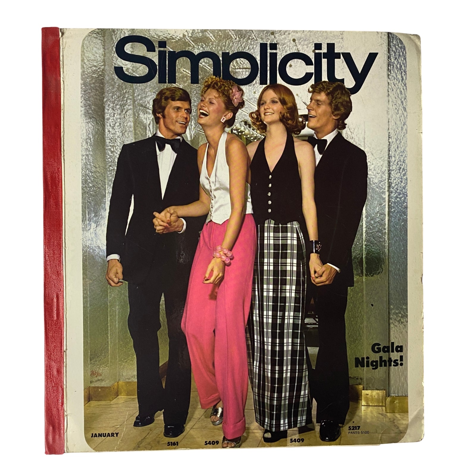 Cover of the 1972 December Simplicity Catalog featuring fashionable clothing for Gala Nights, showcasing models in formal wear with a vibrant background.