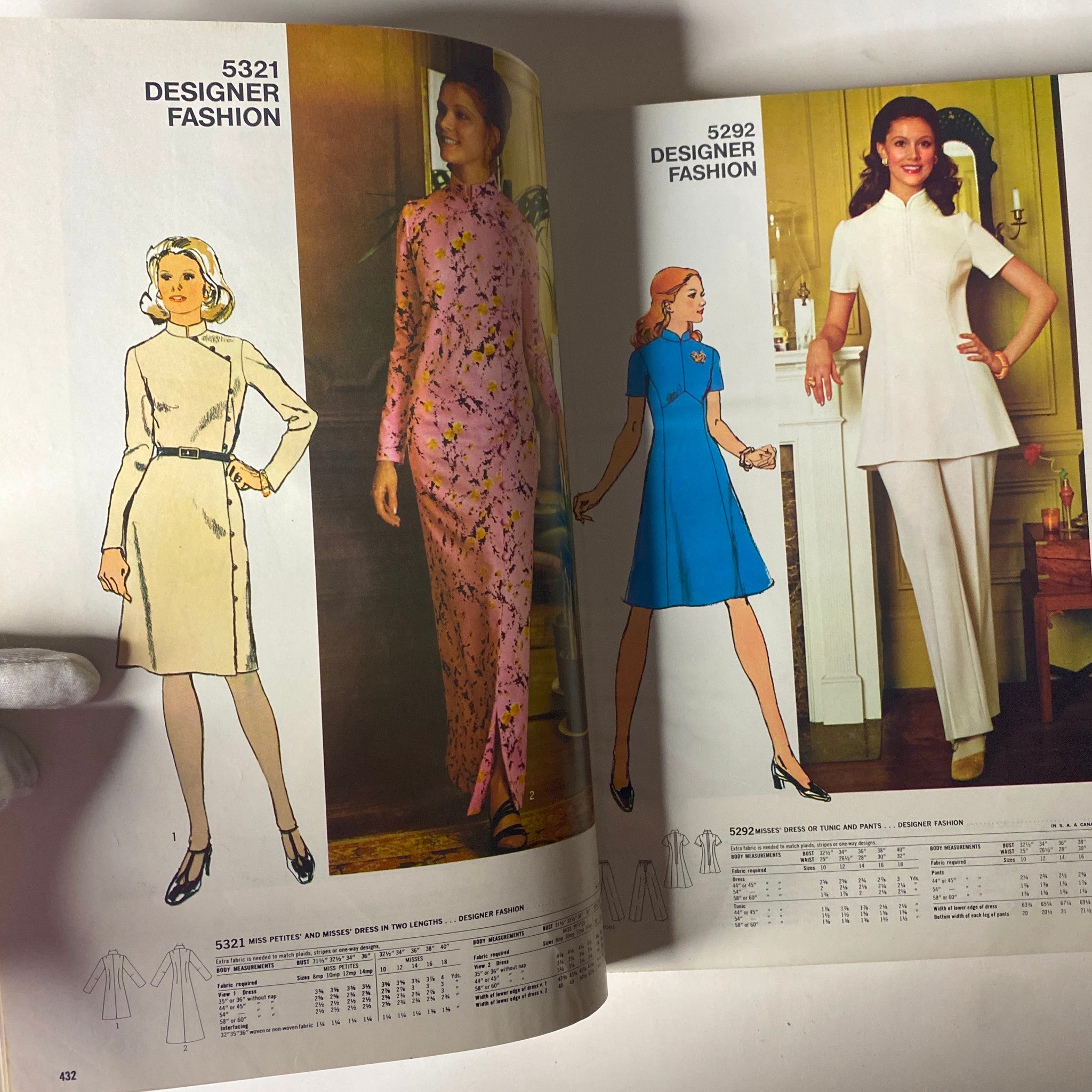 1972 December Simplicity Catalog showcasing designer fashion patterns including style 5321 and 5292, highlighting elegant dresses for women.