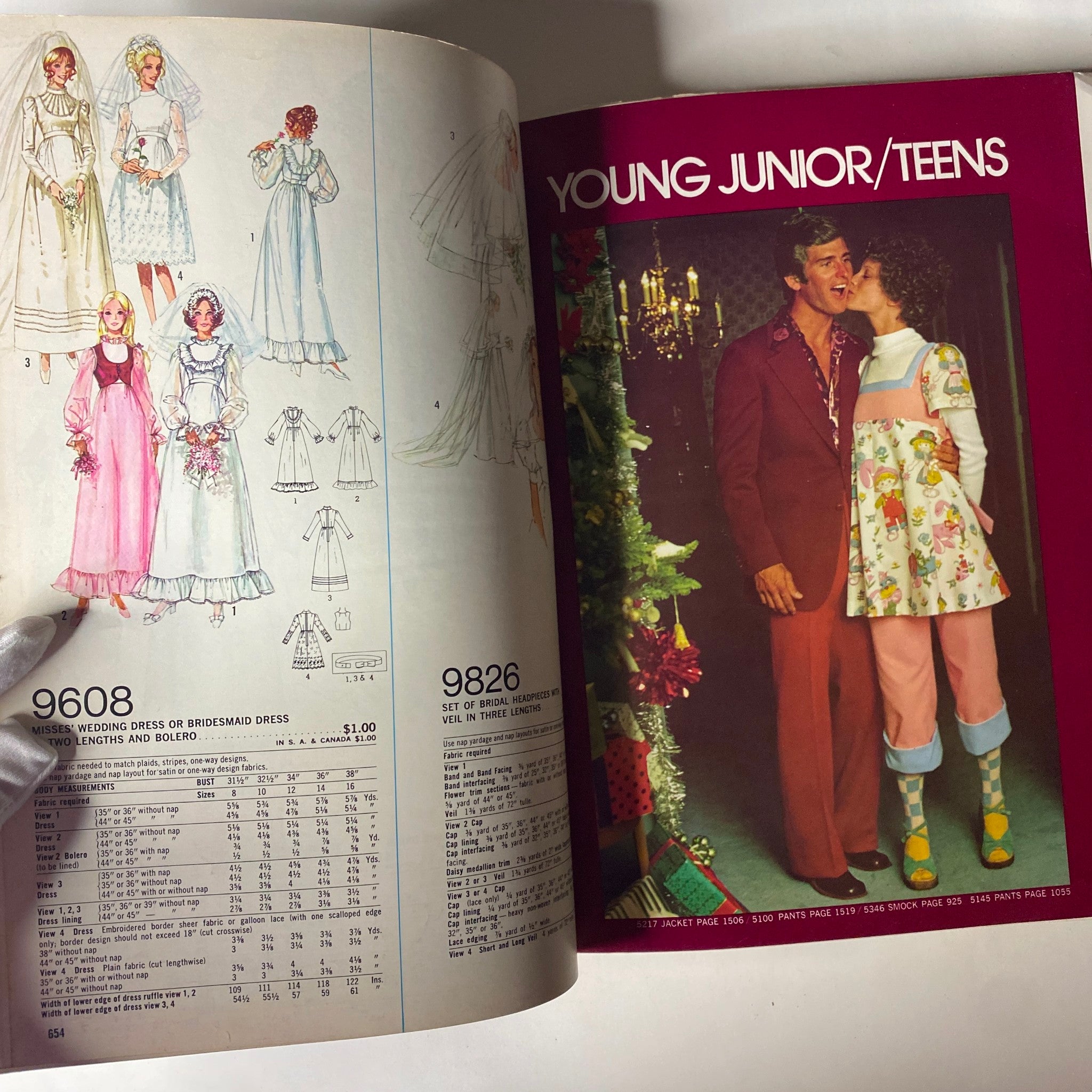 1972 December Simplicity Catalog featuring bridal and young junior/teens fashion patterns, including designs 9608 and 9826 for dresses and accessories.