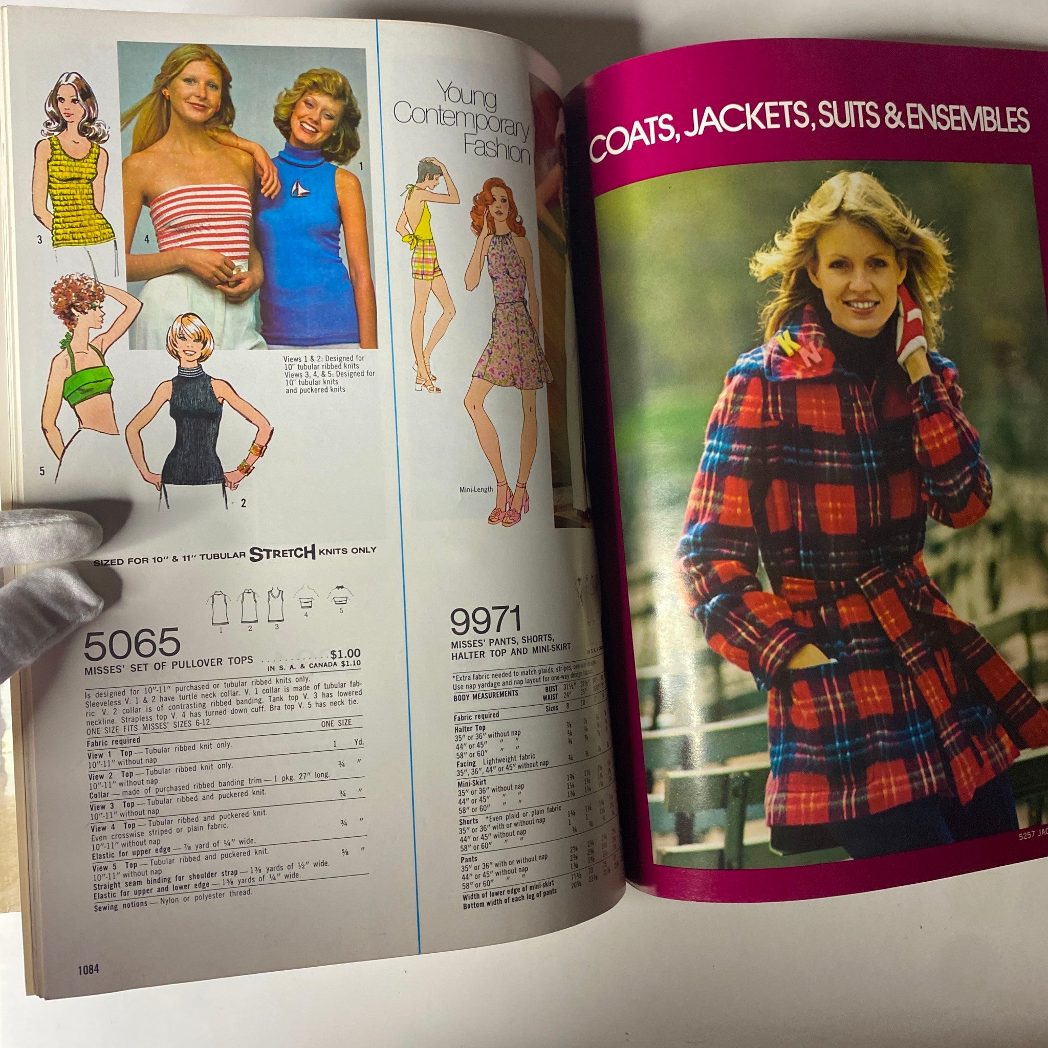 1972 December Simplicity Catalog features fashionable sewing patterns for young contemporary styles, showcasing swimwear and casual dresses for women, ideal for home sewers creating seasonal outfits.