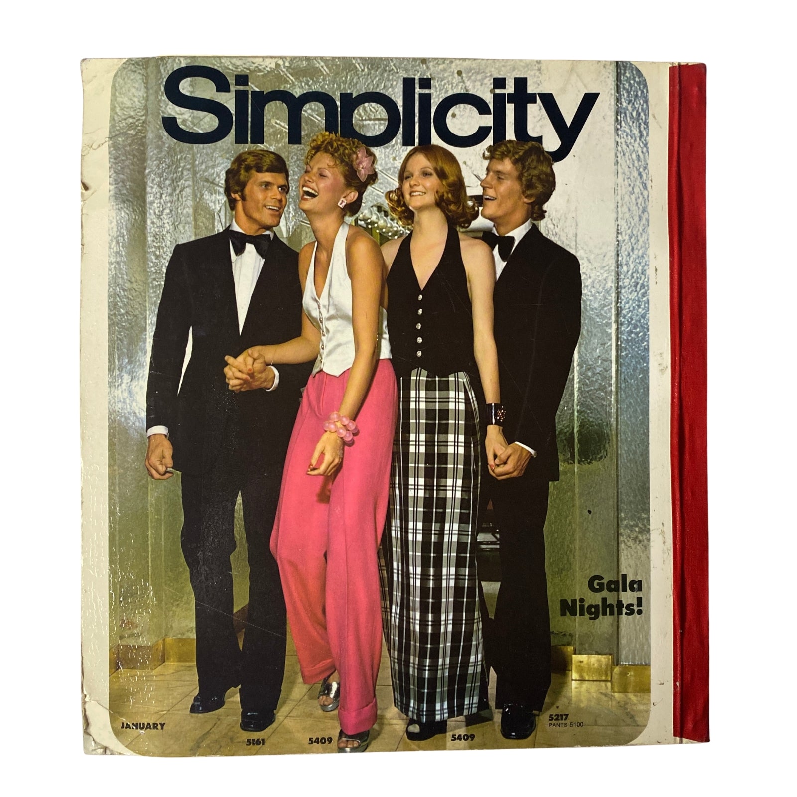 1972 December Simplicity Catalog cover showcasing glamorous evening wear with four models dressed in stylish formal attire, perfect for gala occasions and a vintage fashion reference.