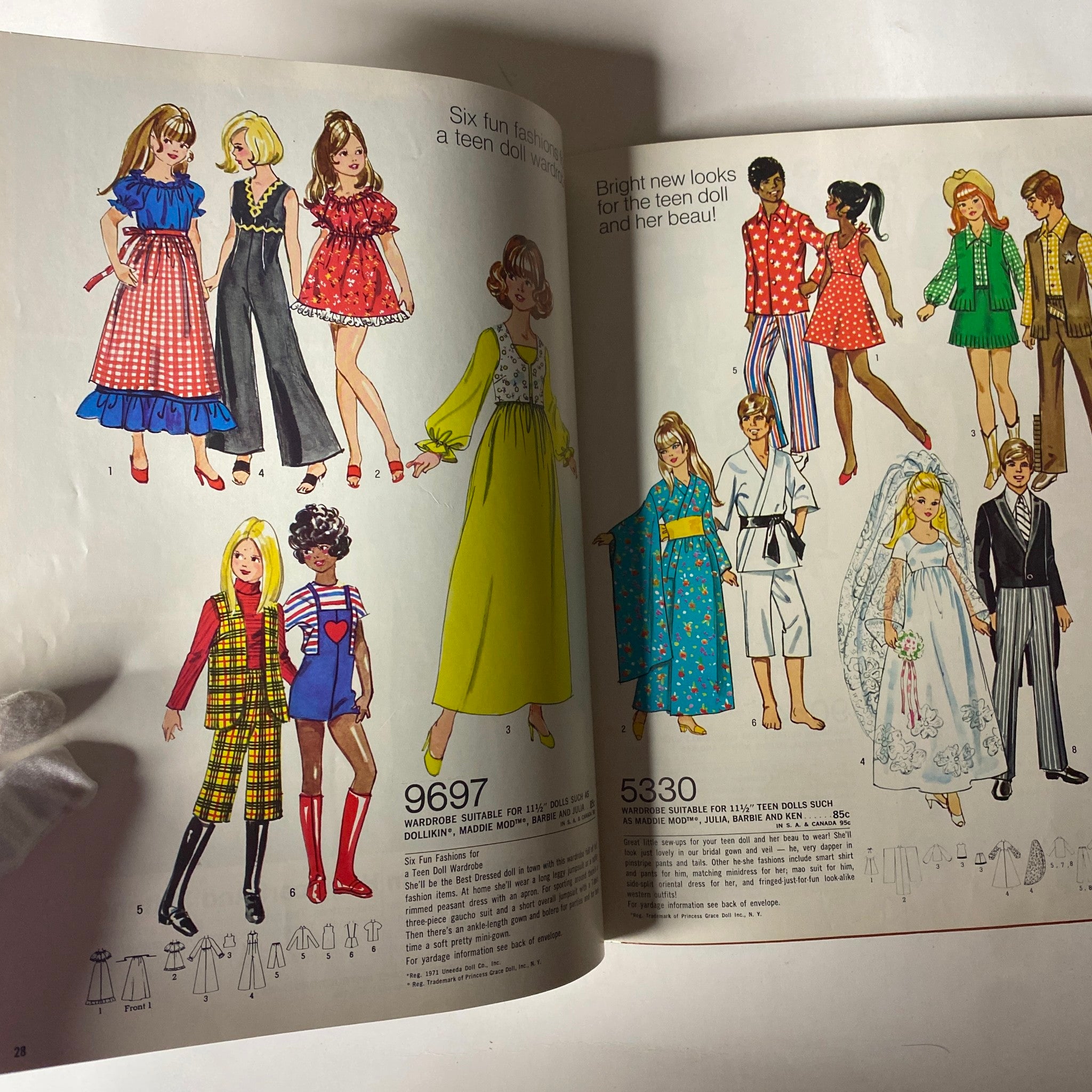 1973 Simplicity Fall and Winter Catalog displaying a vibrant illustration of trendy outfits styled for teen dolls, reflecting the nostalgic fashion of the 1970s.