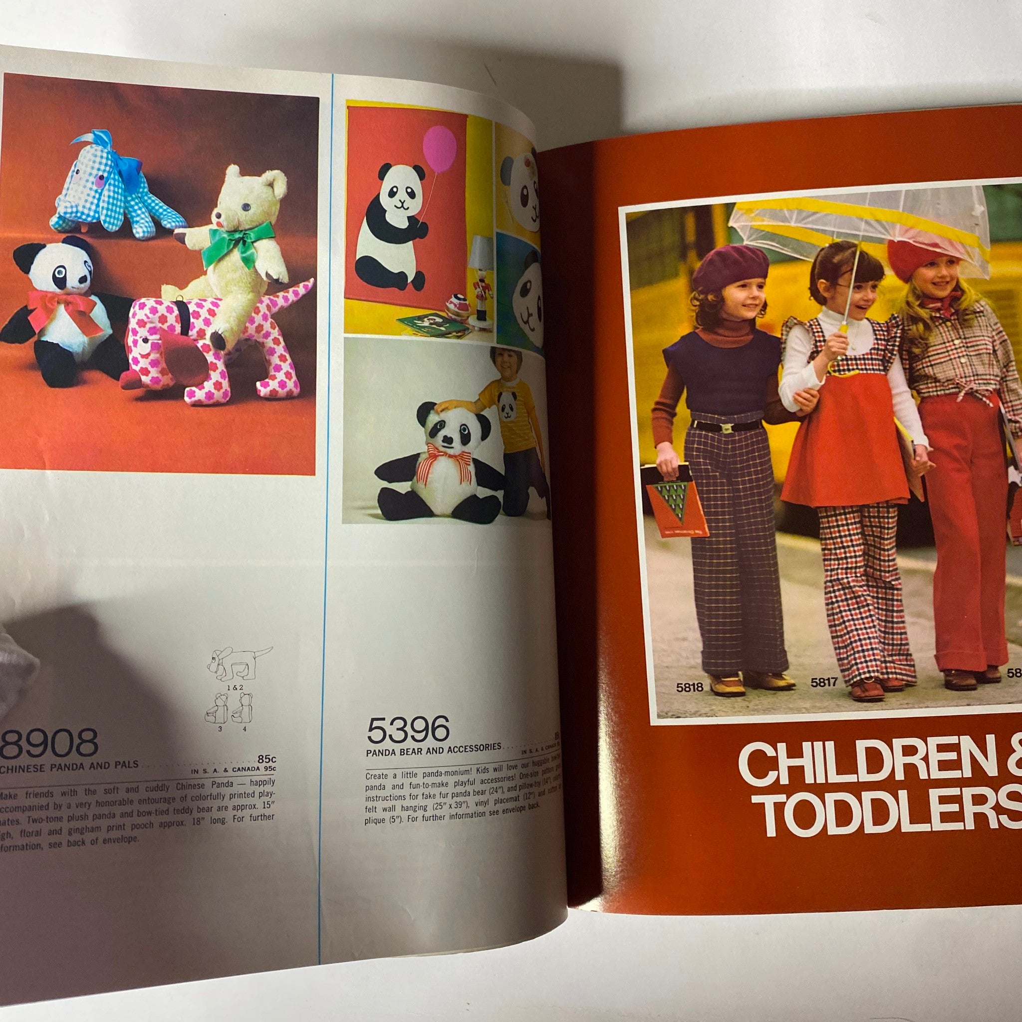 1973 Simplicity Fall and Winter Catalog featuring adorable stuffed animals and children in matching outfits, highlighting fun designs for kids' seasonal play.
