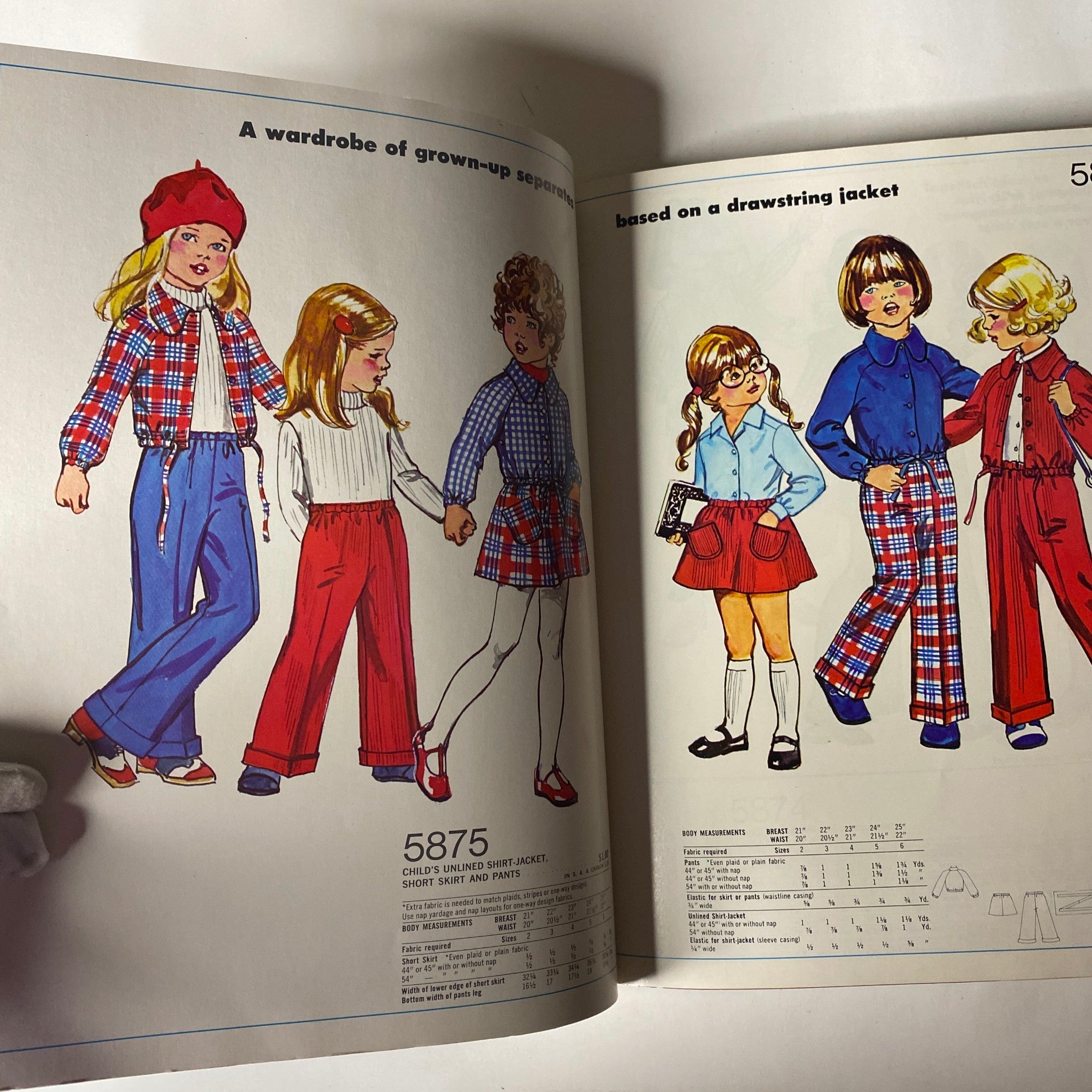 1973 Simplicity Fall and Winter Catalog presenting a collection of children's wardrobe options, including stylish separates and accessories inspired by 1970s fashion.