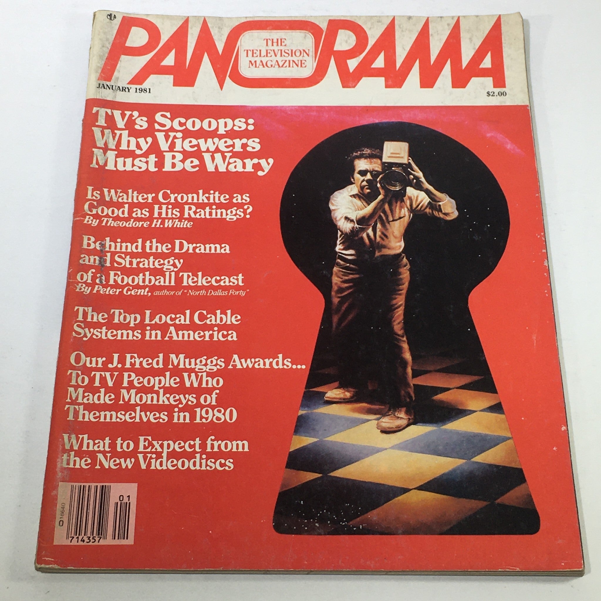 Cover of VTG Panorama The Television Magazine from January 1981 featuring a provocative title 'TV's Scoops: Why Viewers Must Be Wary' and an image of a photographer. The issue discusses Walter Cronkite's ratings and cable systems in America.