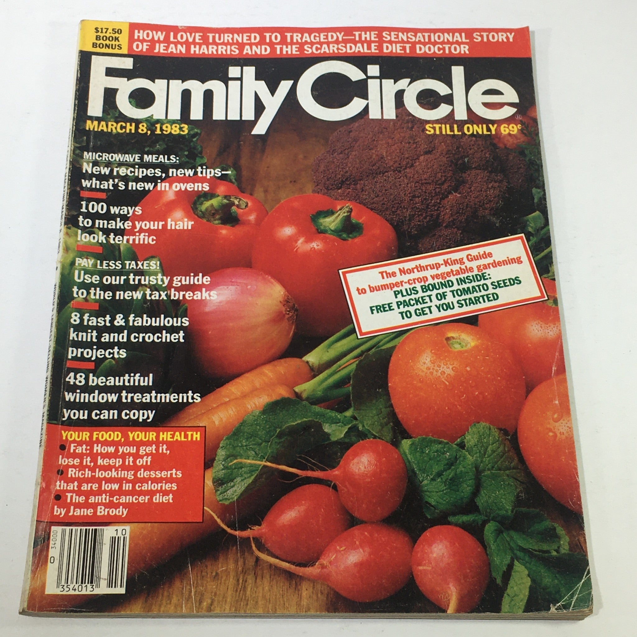 VTG Family Circle Magazine: March 8 1983 featuring a colorful display of fresh vegetables, highlighting articles on Microwave Meals and Pay Less Taxes, showcasing culinary trends and financial tips from the early 1980s.