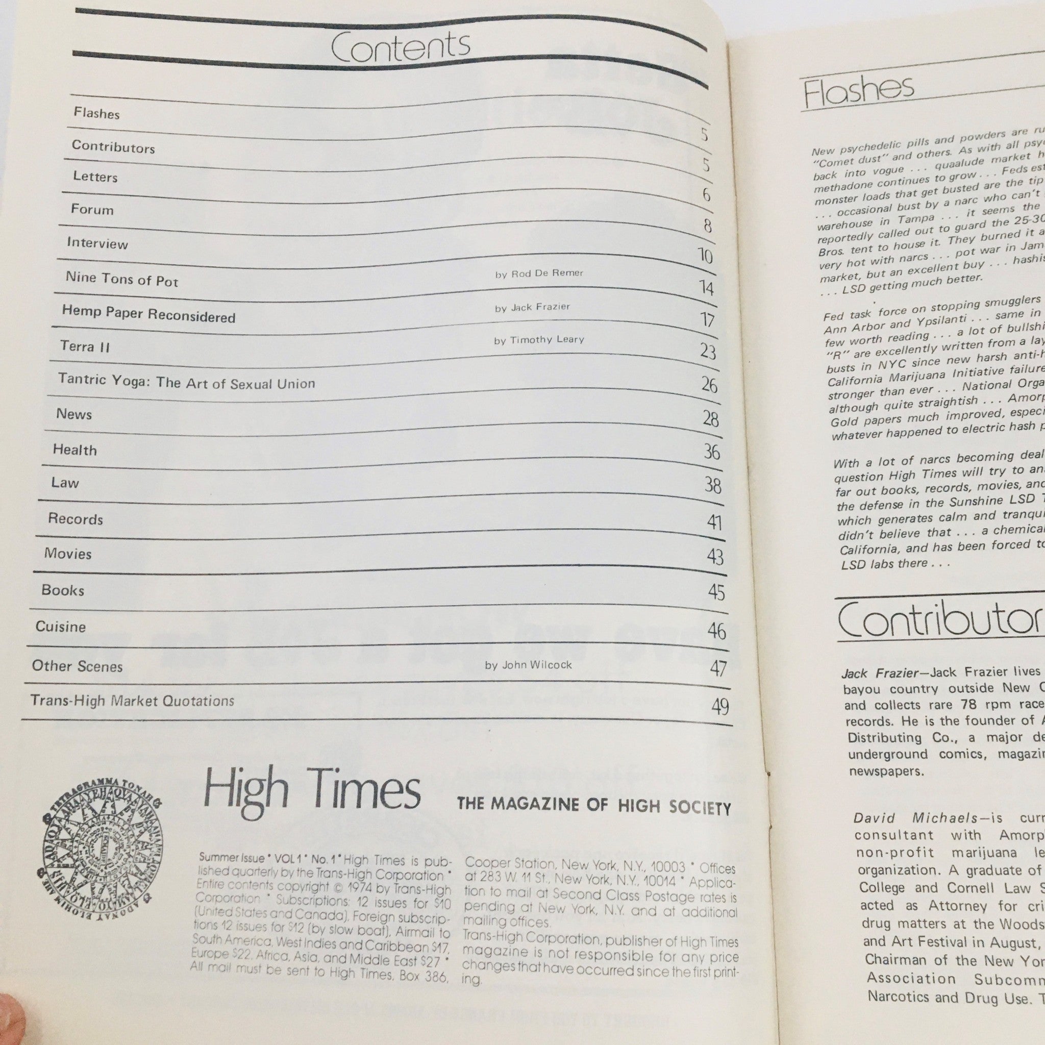 High Times Magazine 1974 Vol. 1 #1 Hemp Paper Reconsidered Feature, No Label