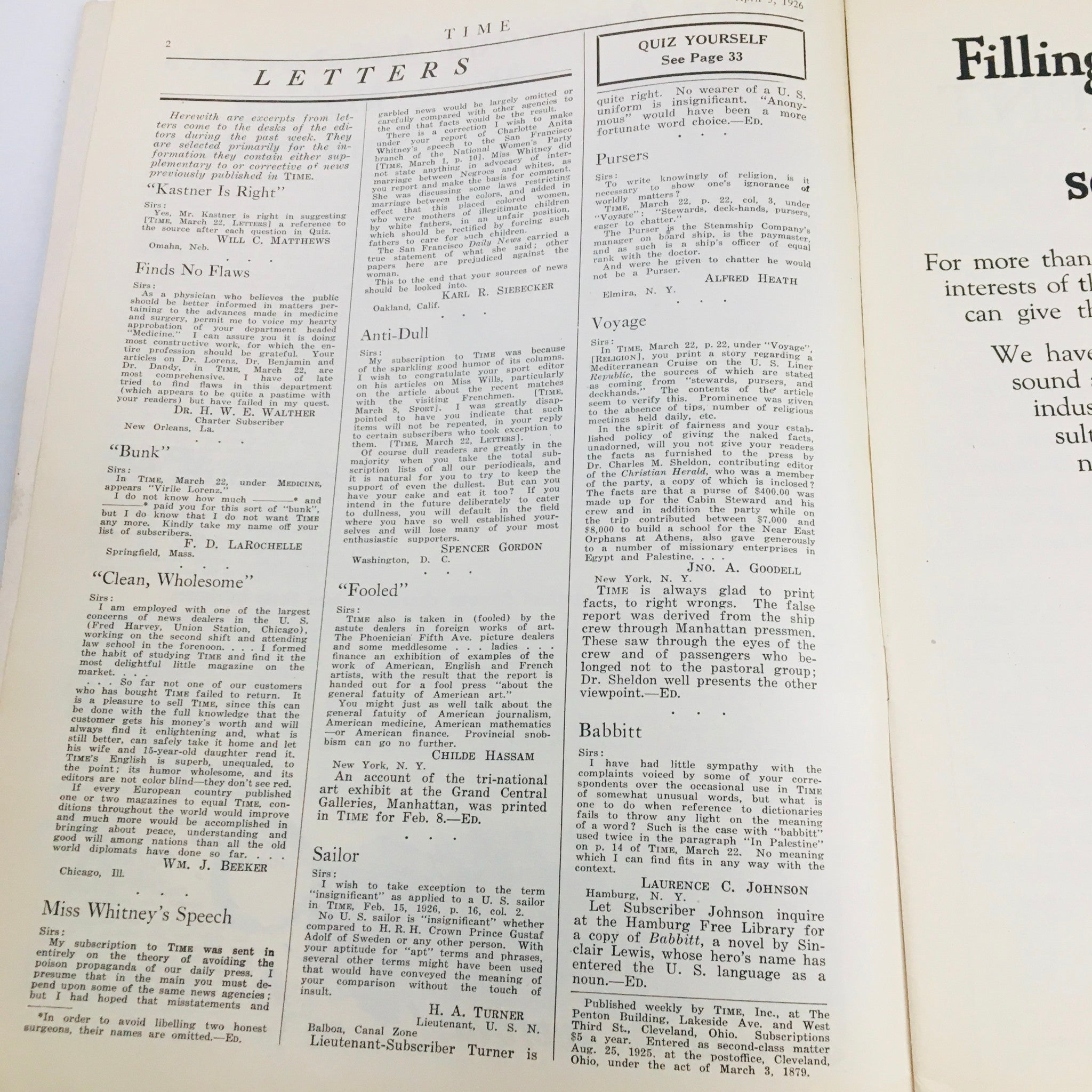 VTG Time Magazine April 5 1926 Vol VII No. 14 Politician Alanson B. Houghton