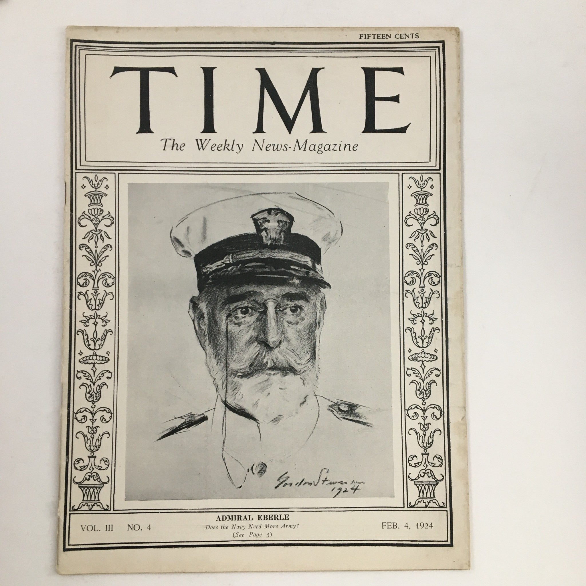 VTG Time Magazine February 4 1924 featuring Admiral Edward Walter Eberle on the cover, showcasing a portrait illustration and the magazine's title.