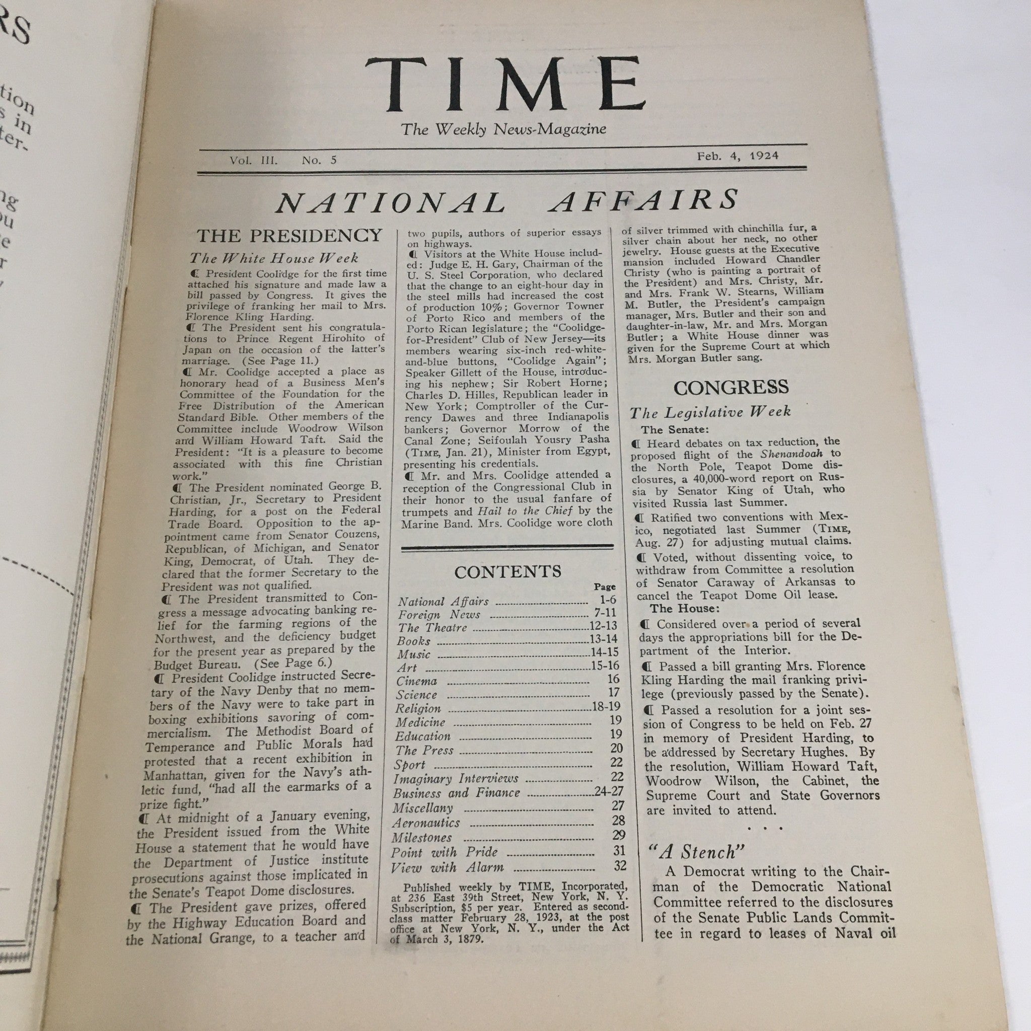 Inside page of VTG Time Magazine February 4 1924, displaying contents under 'National Affairs', including details of the presidency and Congress.