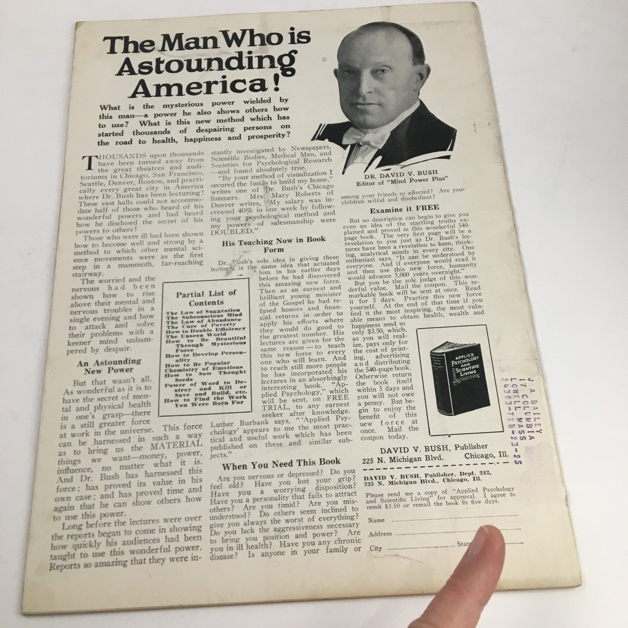 Back cover of VTG Time Magazine February 4 1924 Vol III No. 5 featuring Admiral Edward Walter Eberle, showcasing an article titled 'The Man Who is Astounding America!' along with publisher details and a pointing finger indicating that the reader should examine it.