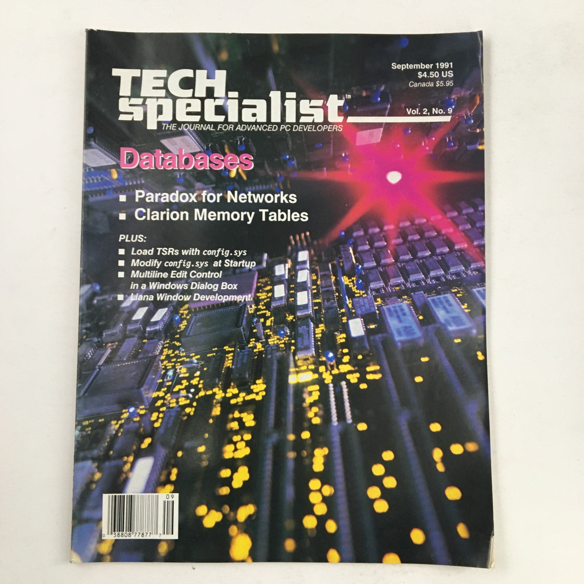 Cover of Tech Specialist Journal September 1991 featuring Databases, Paradox for Networks, and Clarion Memory Tables. The vibrant image highlights technological advancements with a backdrop of computer circuitry.