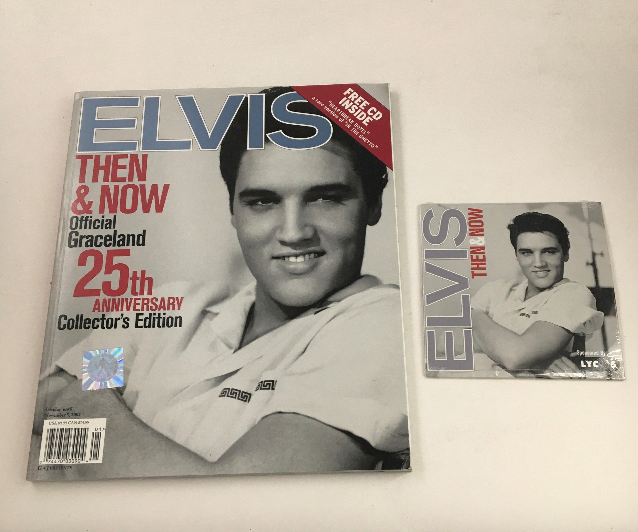 Elvis Presley Then & Now Official Graceland 25th Anniversary Collector's Edition magazine and CD set. Features a portrait of Elvis on the cover, highlighting the collector's edition features.