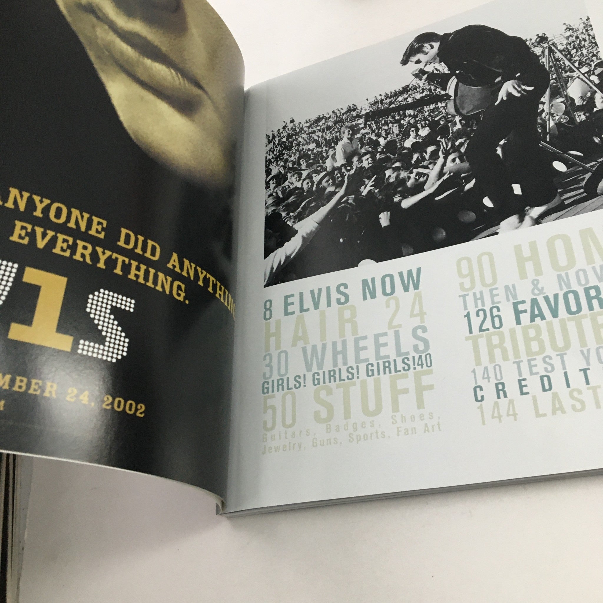 Inside page of Elvis Presley Then & Now Official Graceland 25th Anniversary Collector's Edition showcasing Elvis memorabilia.