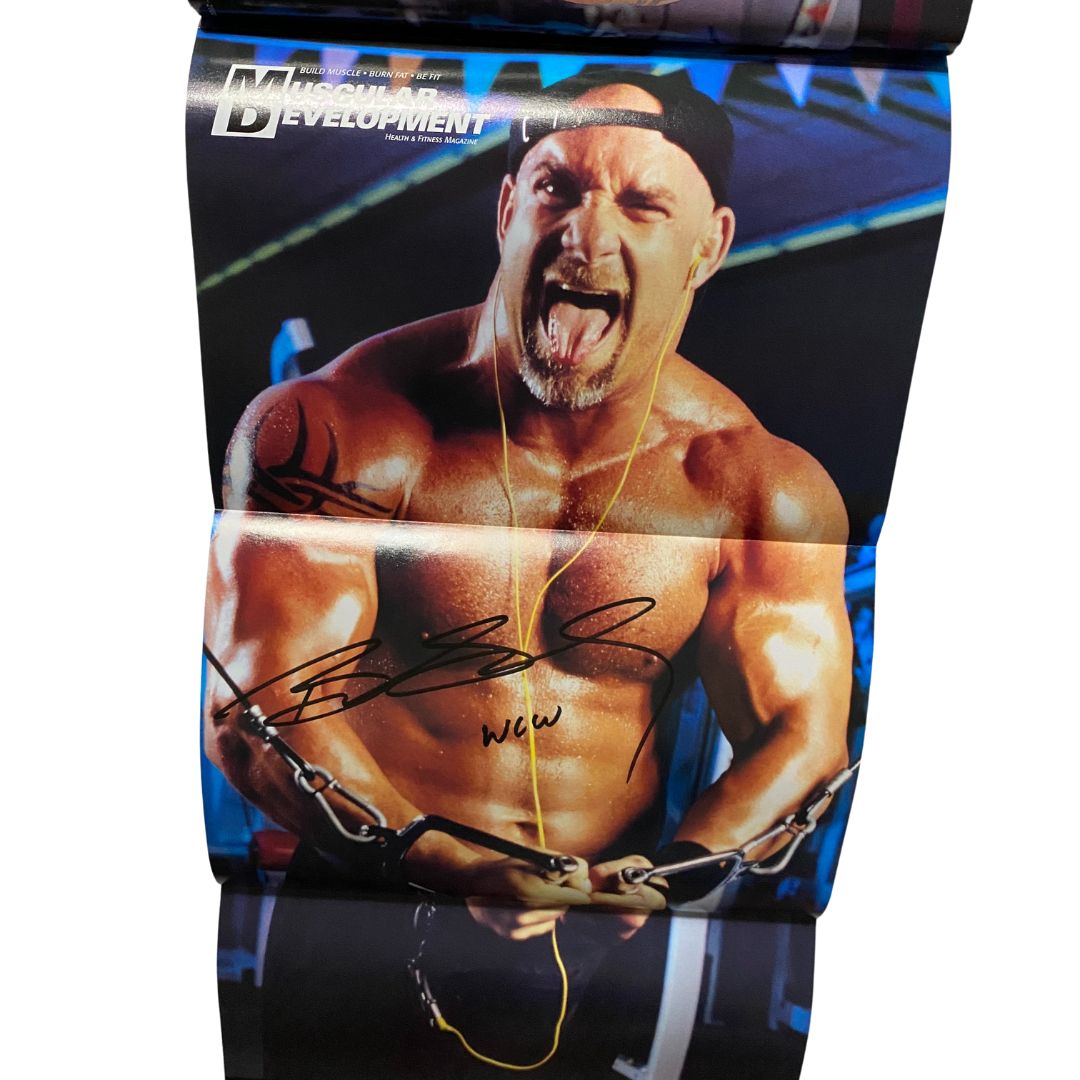Exclusive poster from Muscular Development Magazine October 2000, showcasing Bill Goldberg in an intense workout pose, a collector's item for wrestling and fitness enthusiasts.